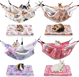 8 Pcs Bulk Small Pet Cage Hammock Bed Mats Set Sugar Glider Crate Kennel Pad Ferret Hanging Hammock Hideout Guinea Pig Accessories for Hamster Squirrel Ferret Chinchilla Rat Parrot (Paw)