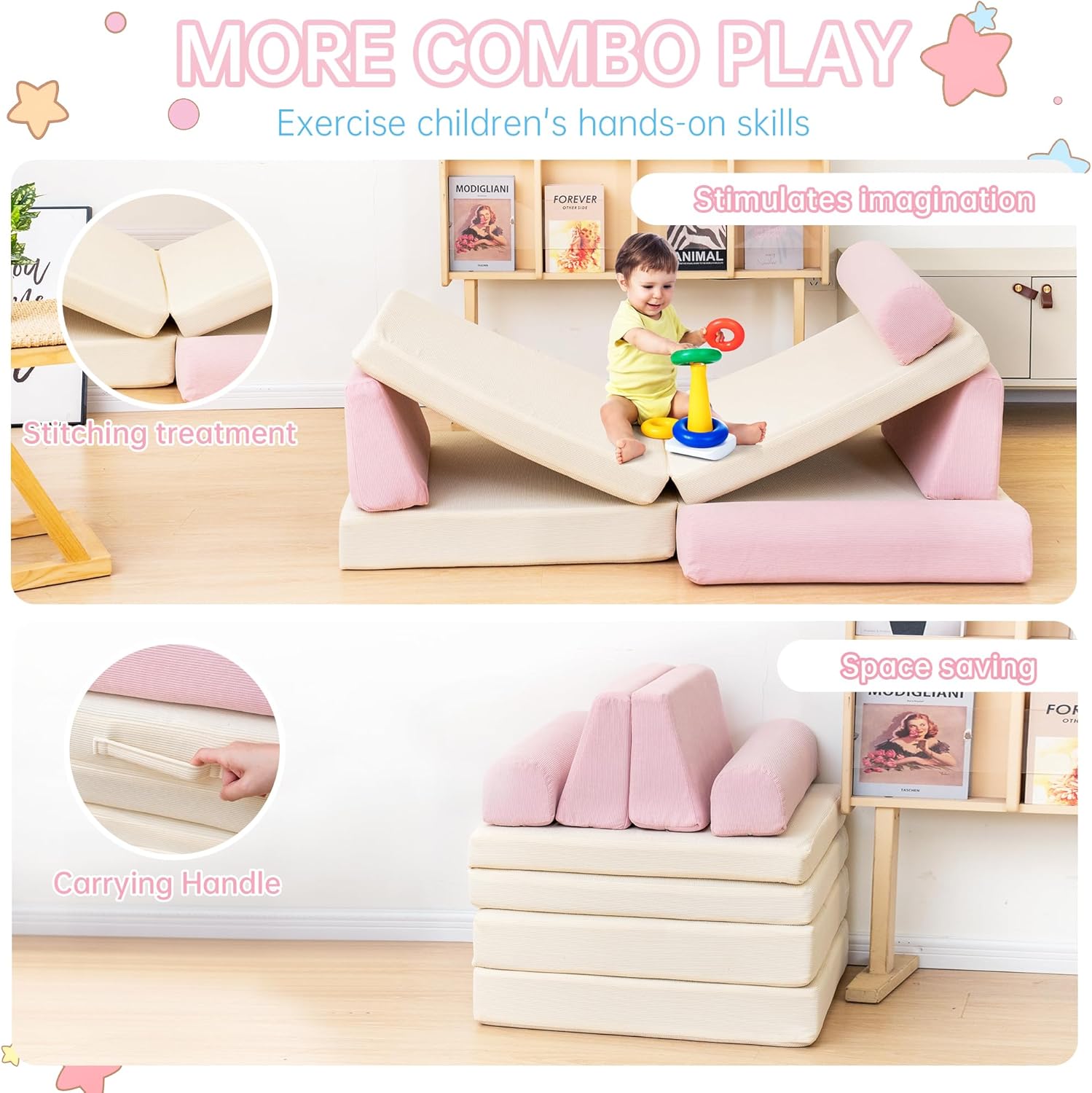 furlinkhm Kids Modular Play Couch, Kids Couch for Playroom, 5 Seconds Instant Expansion, Corduroy Fabric, Pink and Beige