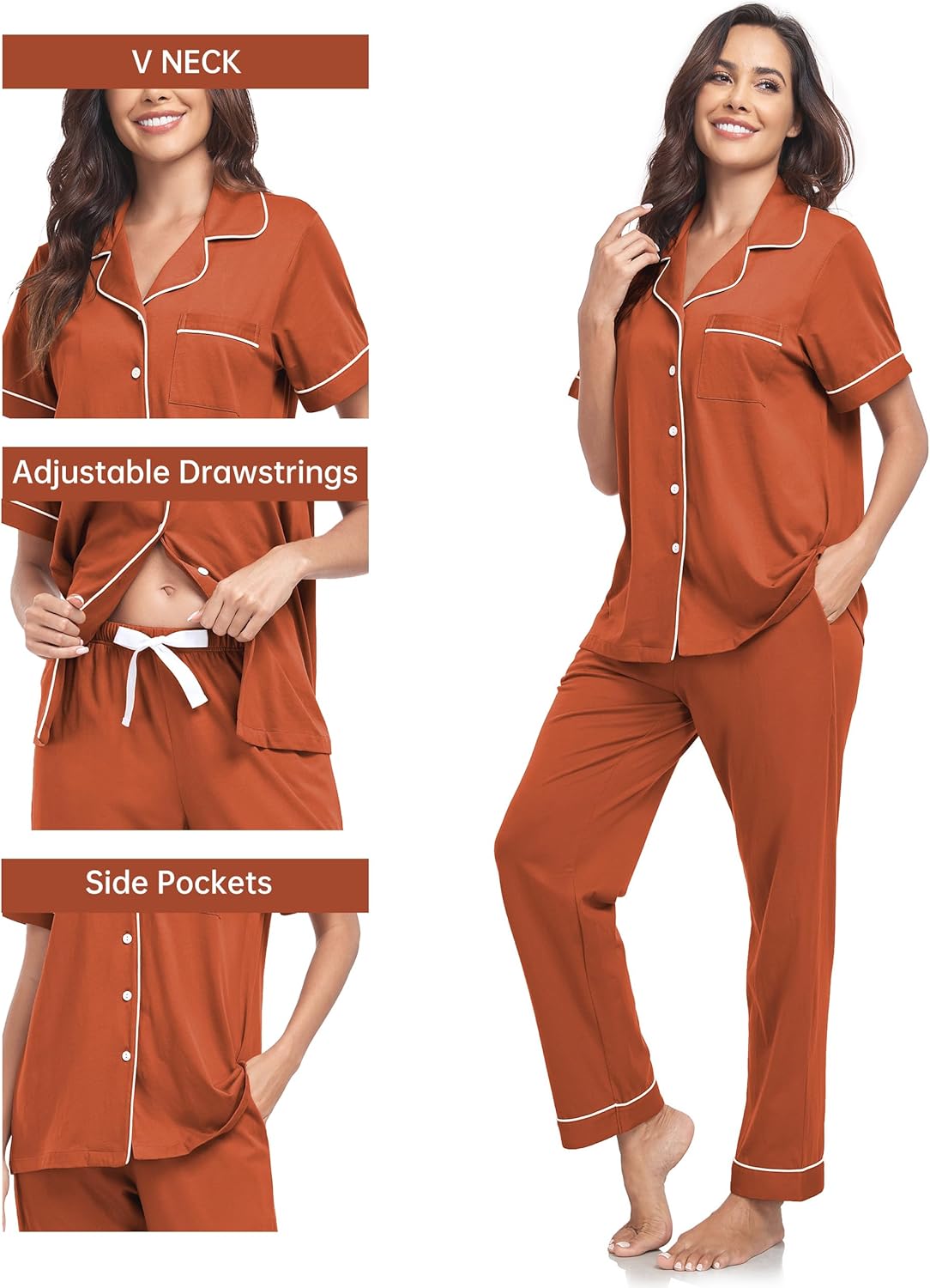 CF Womens 100% Cotton Pajamas Set Button Down Pjs Sets Short Sleeve Top & Long Pants Sleepwear Comfy Loungewear with Pockets - Image 5