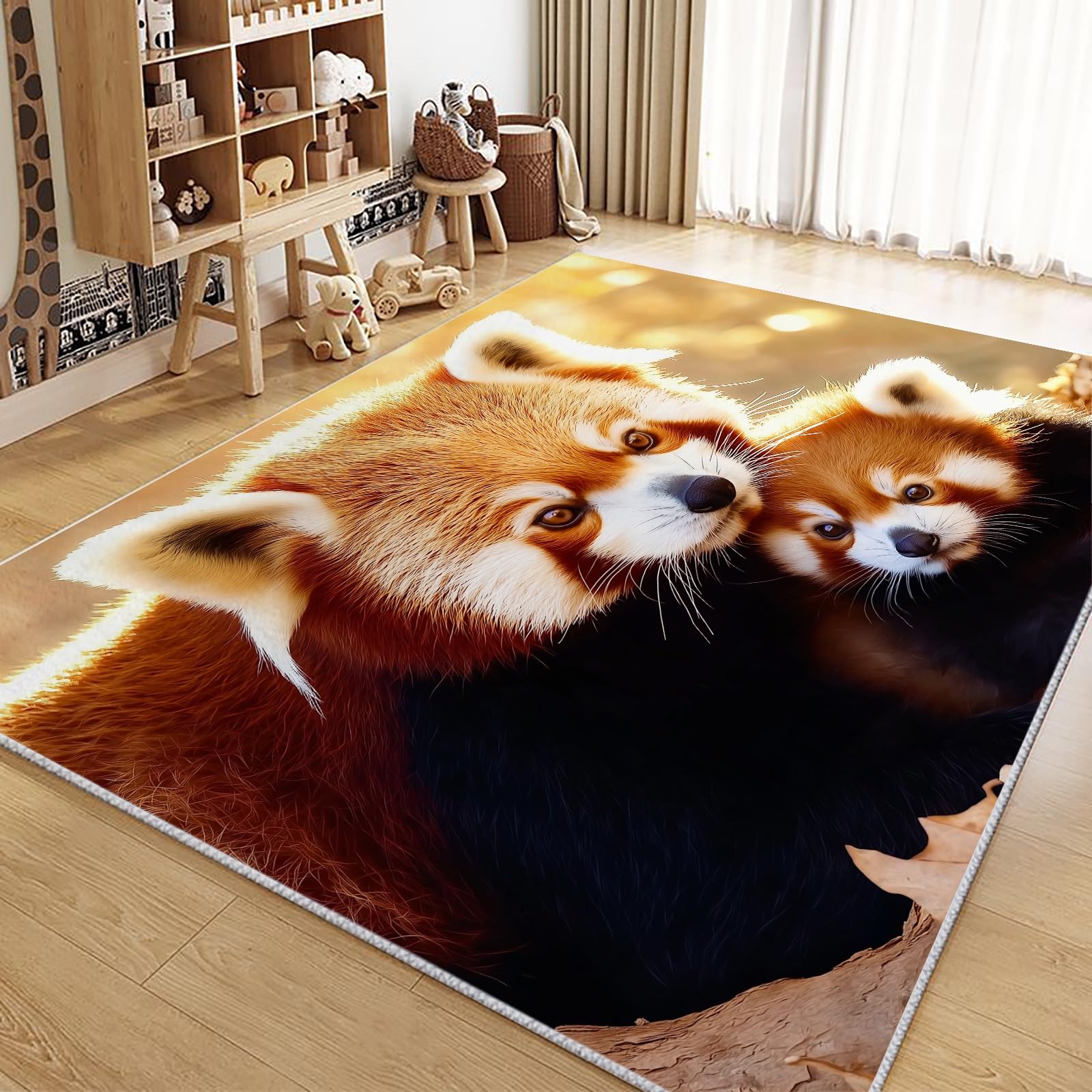 Tapis antidérapant panda rouge orange 140x200cm lavable pour une chambre d'enfant sans taches