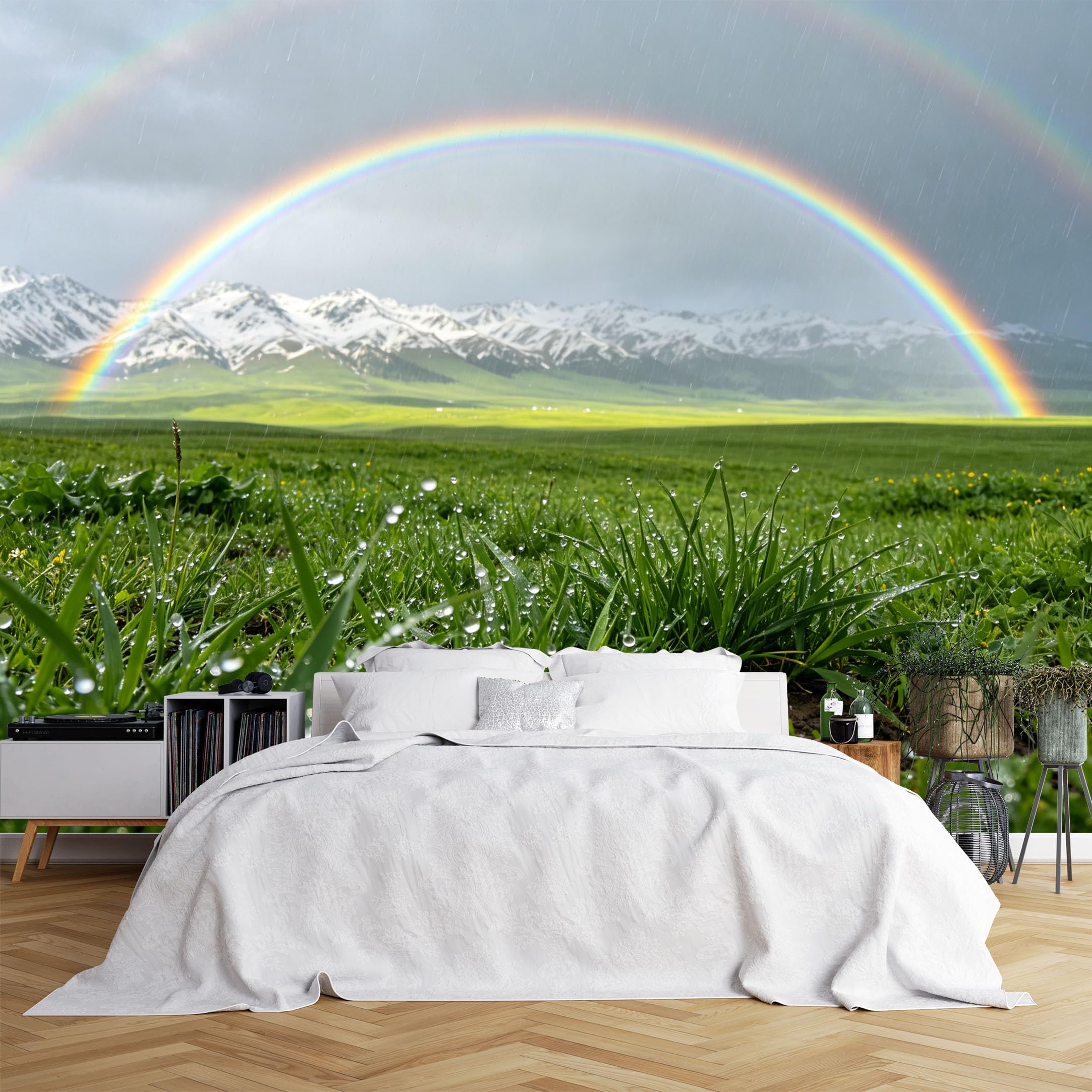 Custom Size Wall Murals Rainbow Over Meadow with Snow Mountains Wall Murals Natural Scenery Wallpaper, Vivid Self-Adhesive Removable Wallpaper for Living Room Lounge