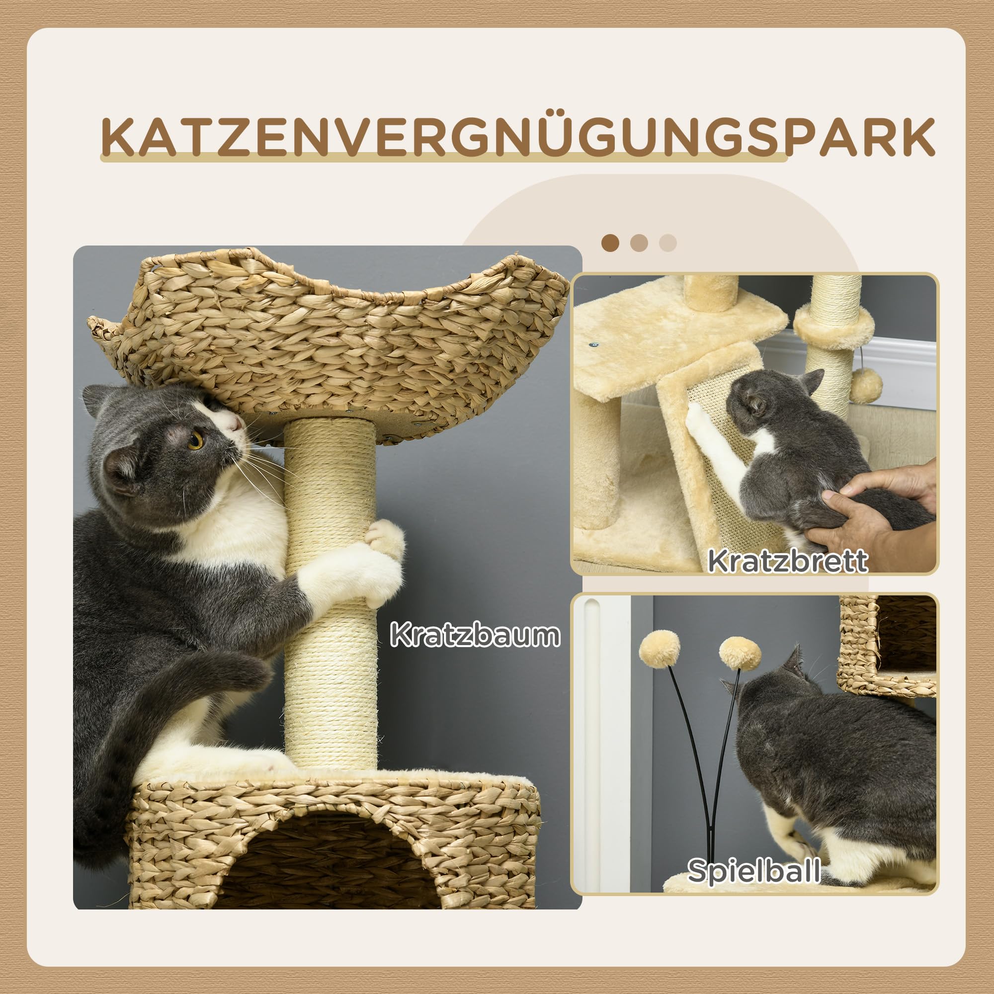 PawHut drapak dla kota, 116 cm, drapak dla kota z jaskinią dla kota, legowisko dla kota, do wewnątrz, wieża wspinaczkowa z piłką do zabawy, deska do drapania, pluszowy mebel do drapania dla kotów o