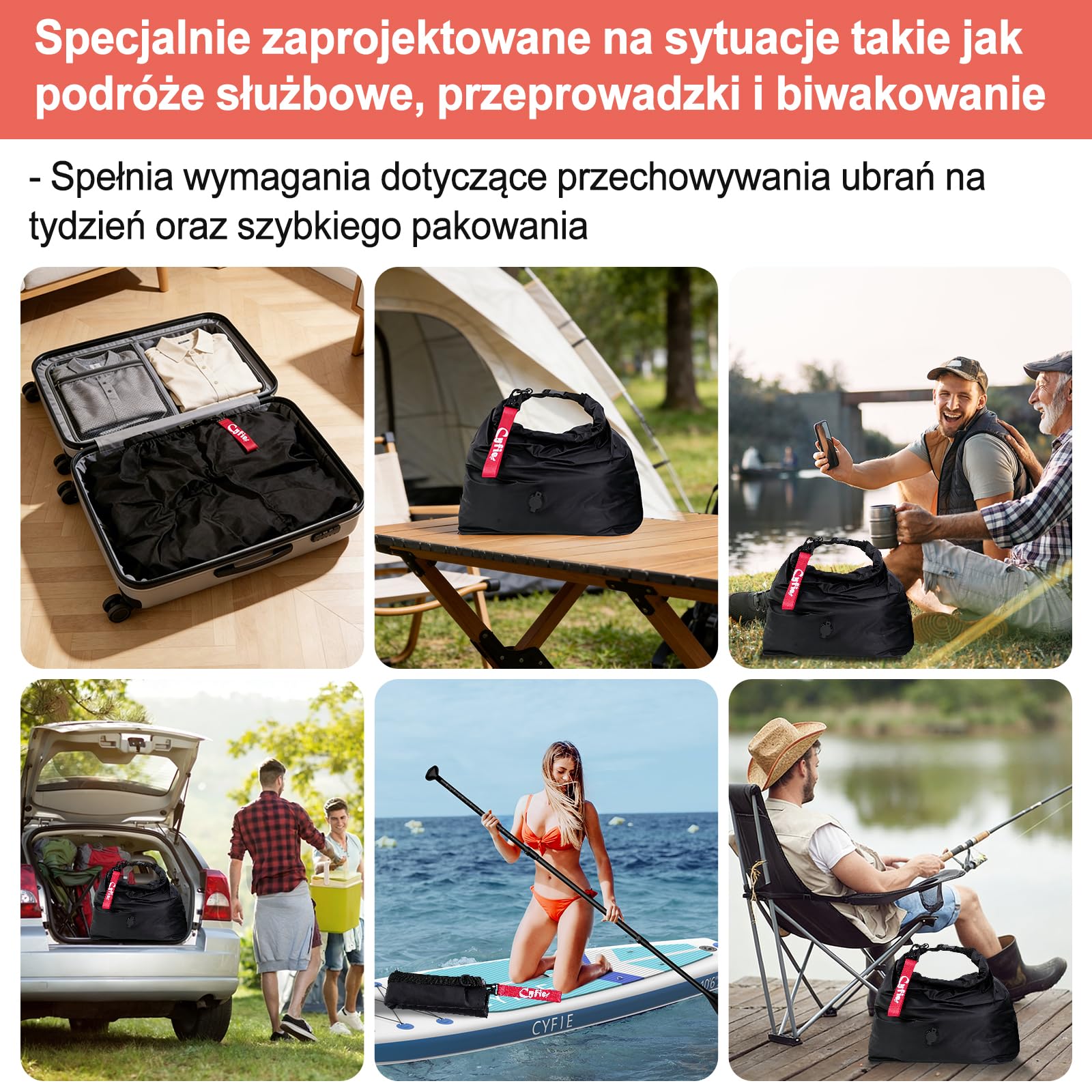 CYFIE Podróżny worek próżniowy na ubrania, 62 x 49 x 15 cm, 25 l, wielokrotnego użytku, worek na pranie, podróżny worek na pranie, torba kompresyjna, nylon 70D + TPU, składany, do pływania, fitnessu