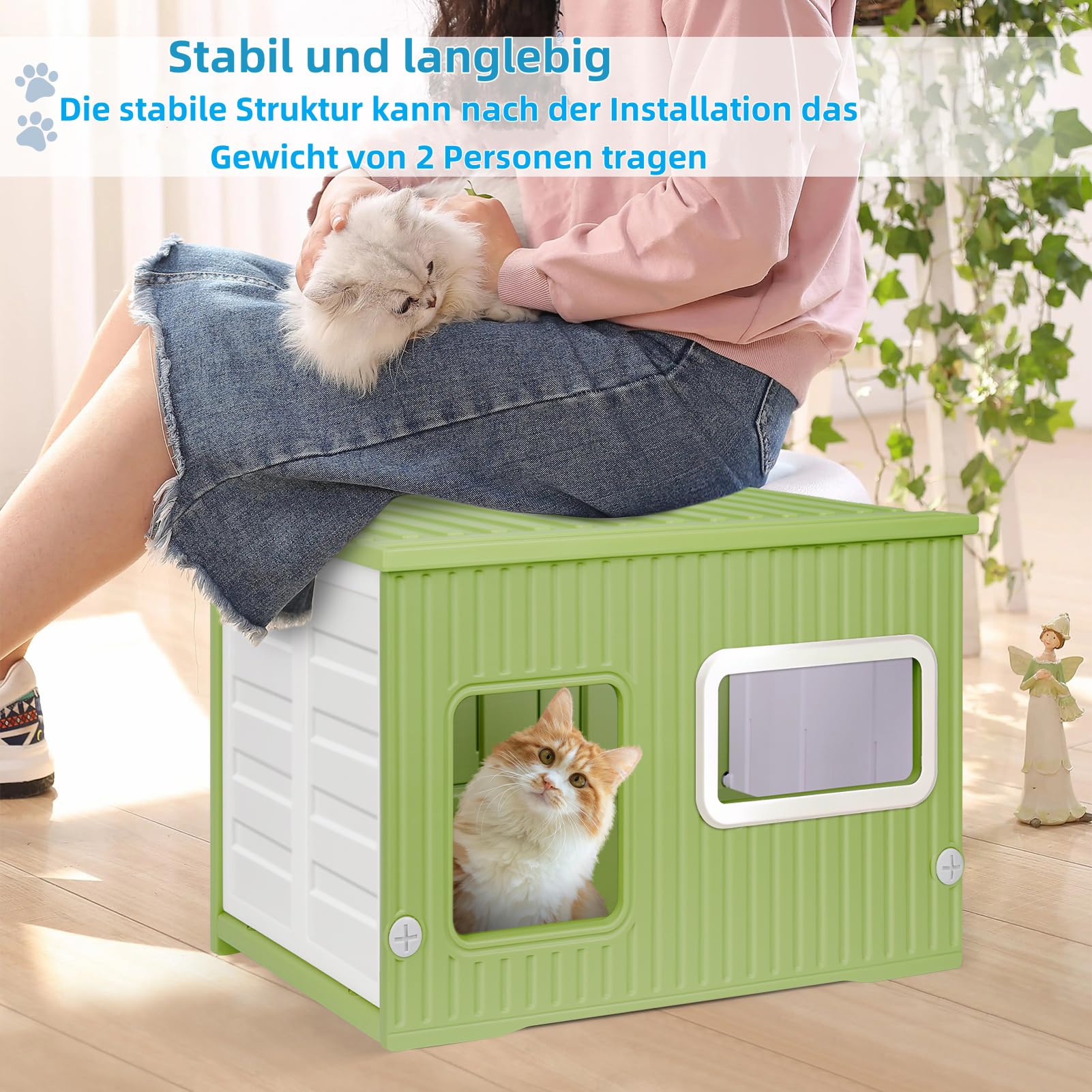 Kunststoff-Katzenhaus für Drinnen und Draußen mit Doppelseitigem Kissen Wetterfestes Katzenhaus für alle Jahreszeiten Geeignet(Grün und Weiß, 56 * 38 * 36)