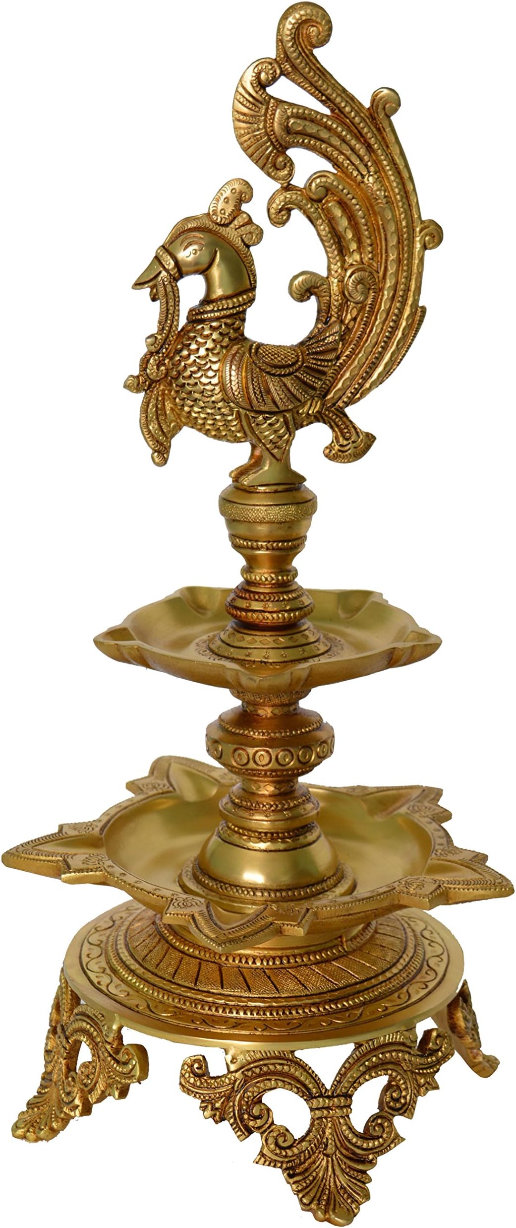 Aakrati Brass Decorative Showpiece Oil Lamp with Peacock - Table Diya Stand - Indian Religious Metal Craft for Gift and Decor