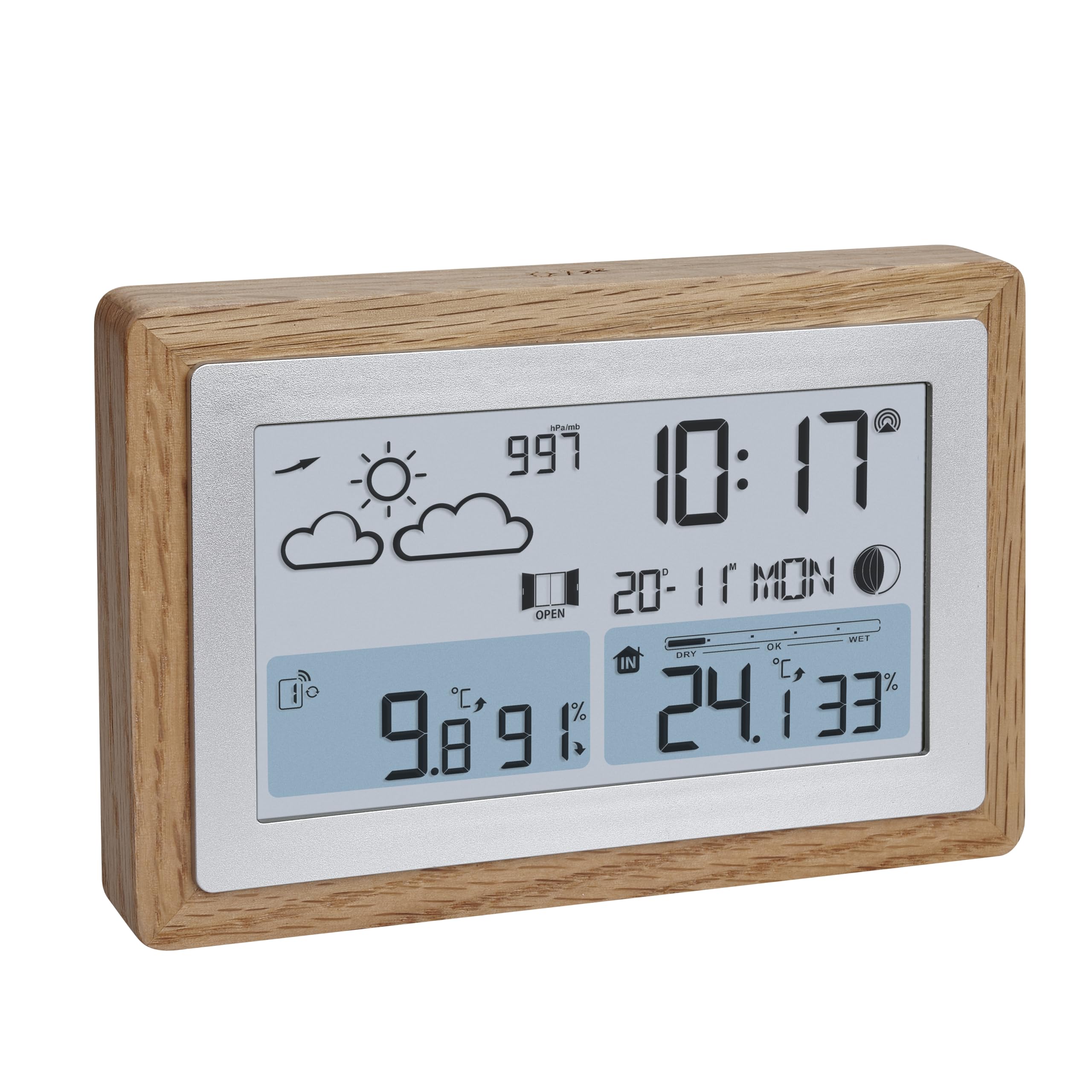 TFA Dostmann Oak 35.1167.54 - Estación meteorológica inalámbrica con sensor exterior y marco de madera, temperatura interior y exterior, ventilación recomendada, intensidad variable, reloj despertador