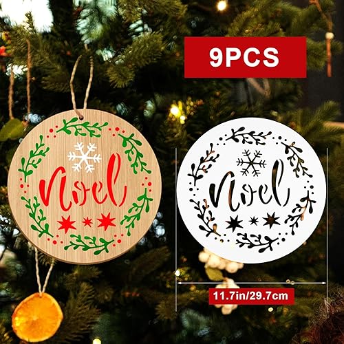 Miniatura 2 de 9 plantillas de Navidad sobre madera, plantillas redondas de Navidad de 12 x 12 pulgadas para pintar muñeco de nieve, alce, Papá Noel, feliz