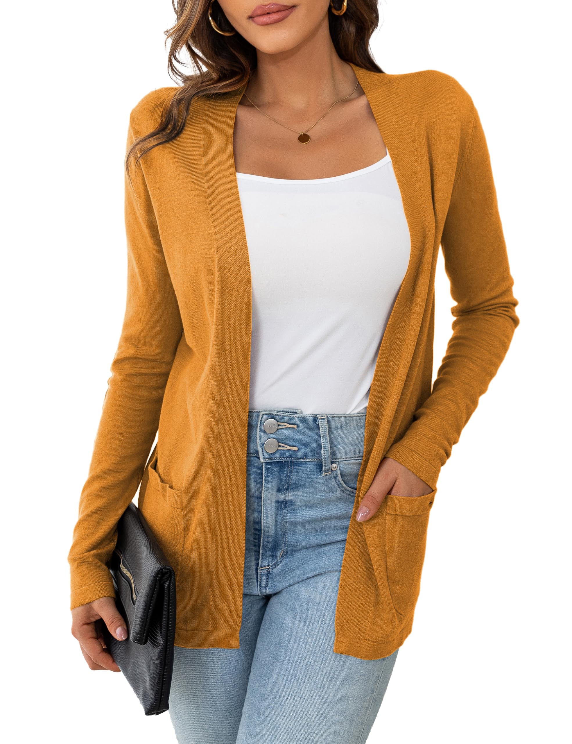 VERABENDI Womens Lightweight Open Front Long Sleeve Cardigan Sweaters for Women with Pockets S-XL