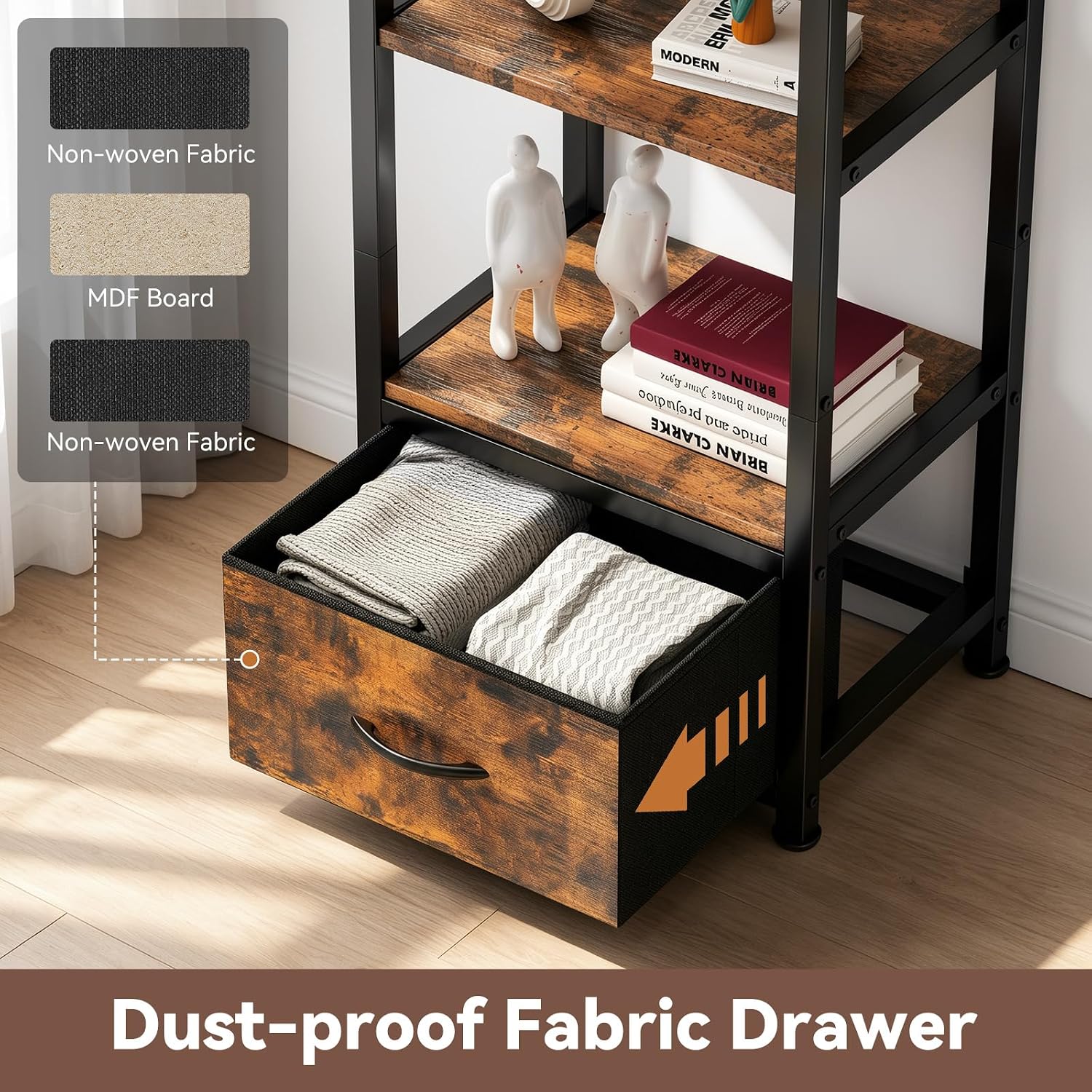 Housolution 6 Tier Bookshelf with LED Light, 60.6" Tall Narrow Corner Shelf Stand with Fabric Drawer, Bookcase Storage Organizer, Industrial Display Standing Shelf Unit for Living Room, Rustic Brown