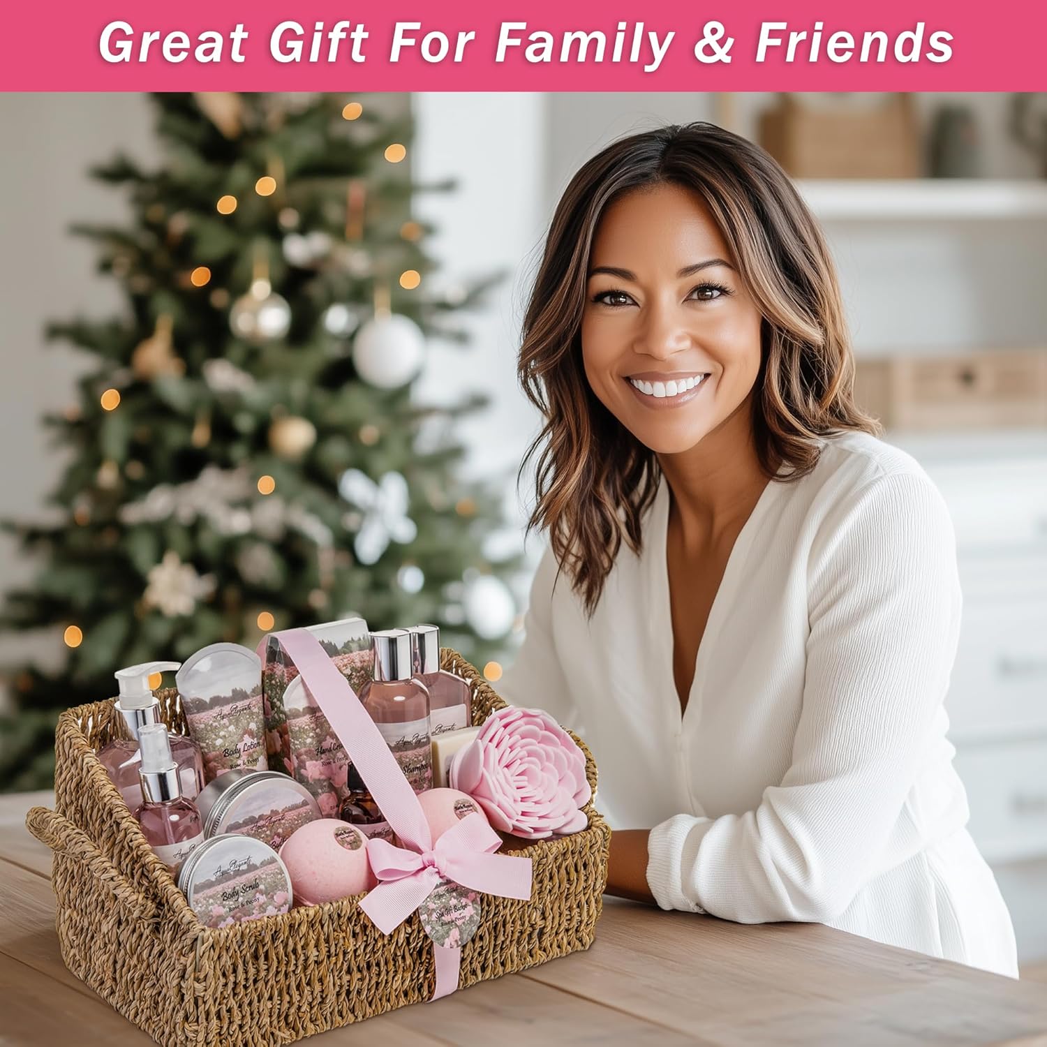 Bath Spa Gift Sets - Luxury Basket With Rose Oil & Peony - Spa Kit Includes Wash, Bubble Bath, Lotion, Bath Salts, Body Scrub, Body Spray, Shower Puff, Bathbombs, Soap and Towel