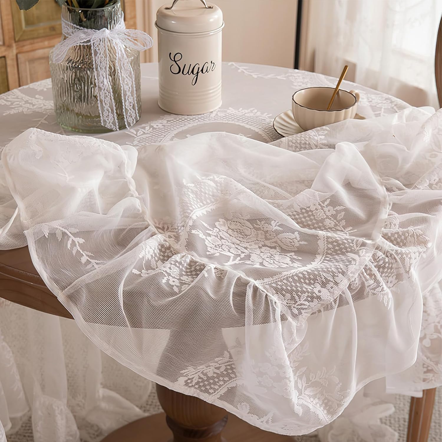 White Lace Square Tablecloth with Flowers, Chic Elegant Overlay Ruffles Table Cloth, French Vintage Embroidered Table Cover Table Protector for Wedding Party Banquet, 55x55inch