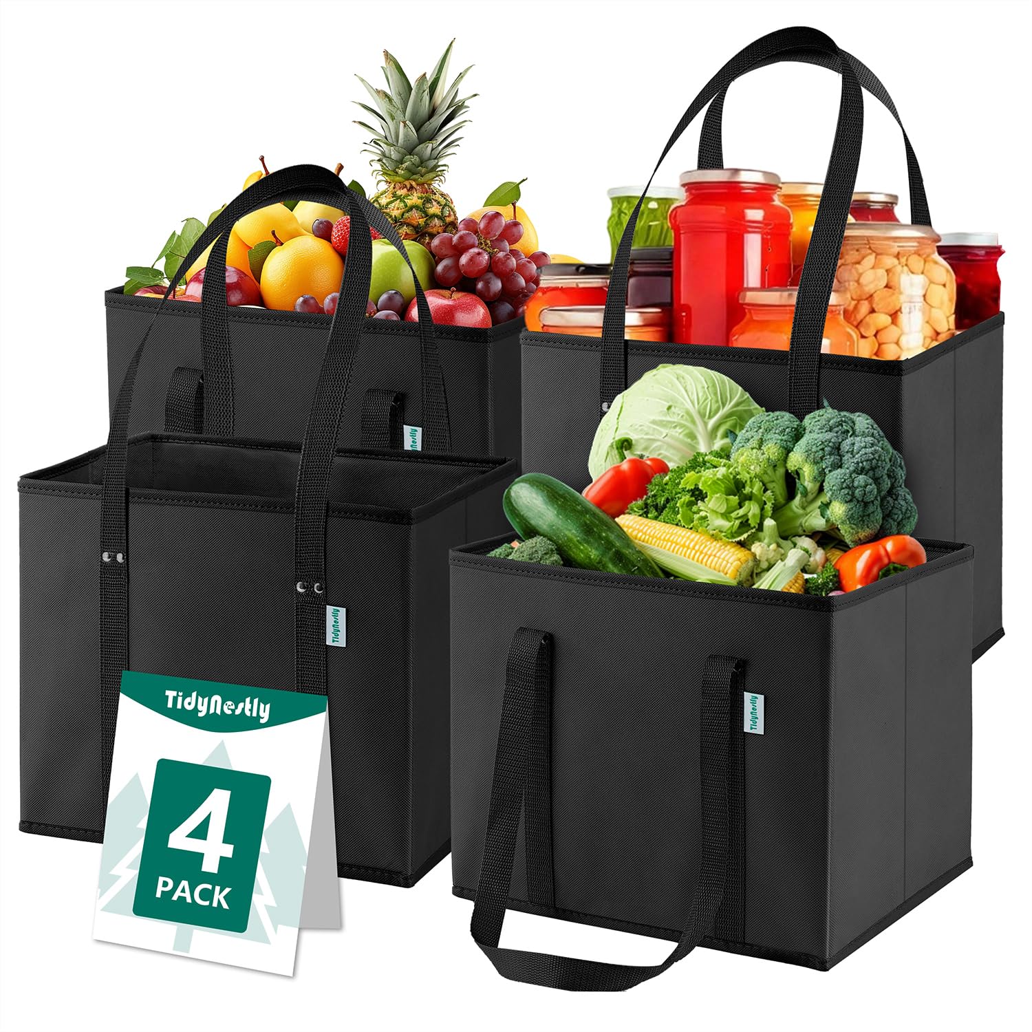 Sacchetti della spesa riutilizzabili pieghevoli (confezione da 4), borse per la spesa riutilizzabili resistenti con manici, grande borsa tote stand up a forma di scatola, borsa multiuso