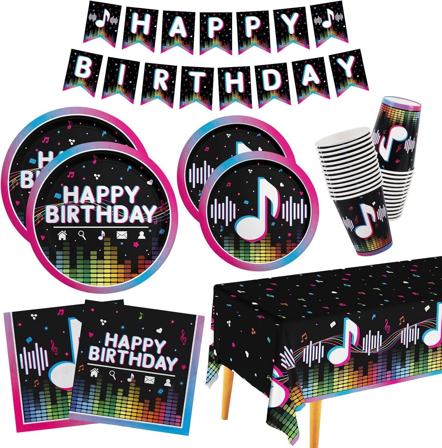 104Pcs Birthday Party Decorations, Happy Birthday Set Include Plates, Napkin, Banner, Cups, Balloons, Tablecloth, Cake Toppers and Cupcake Toppers for Fans Party Supplies, Serve 20