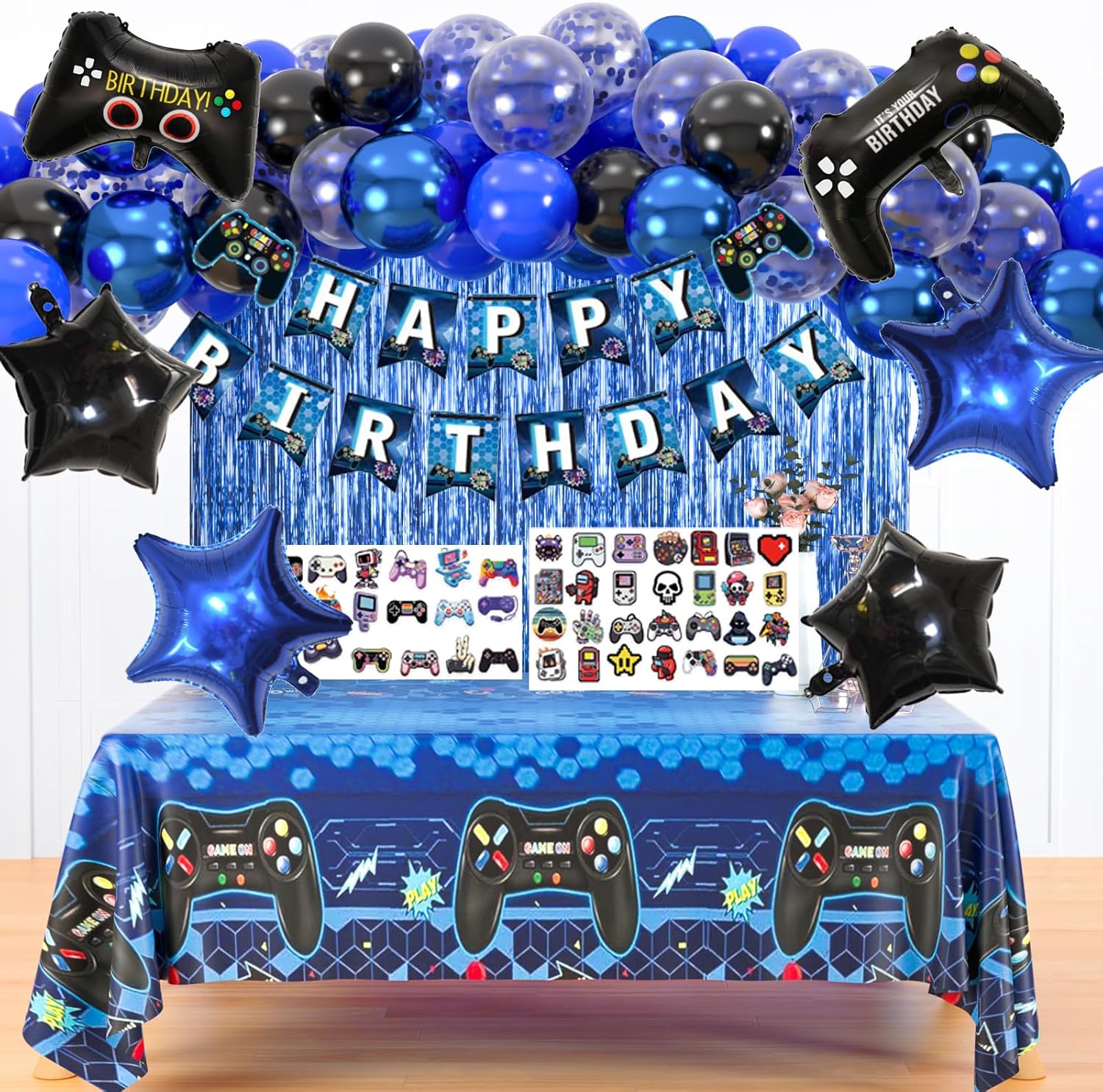 184pcs Video Game Birthday Party Decorations for Boys, Gamer Birthday Party Favors with Happy Birthday Banner, Curtains Backdrop, Tablecloth, Balloons, Foil Gaming Balloons, Stickers(Blue) 184pcs Video Game Birthday Party Decorations for Boys, Gamer Birthday Party Favors with Happy Birthday Banner, Curtains Backdrop, Tablecloth, Balloons, Foil Gaming Balloons, Stickers(Blue)