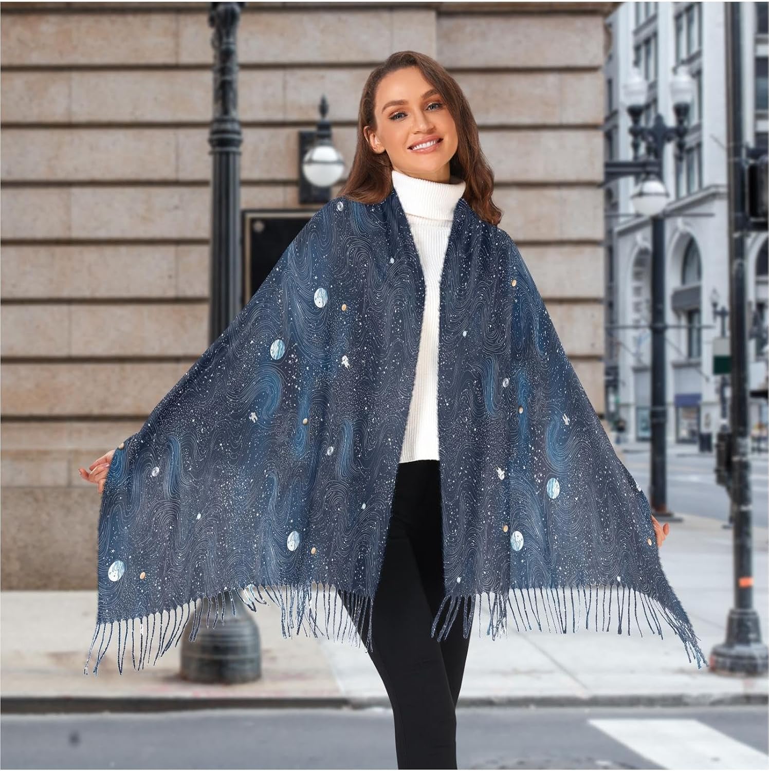 Winter Scarf for Women Universe Astronaut Planet Fashion Tassel Shawl Wraps for Women, Cold Weather Warm Womens Scarves Soft Long Scarf Gifts