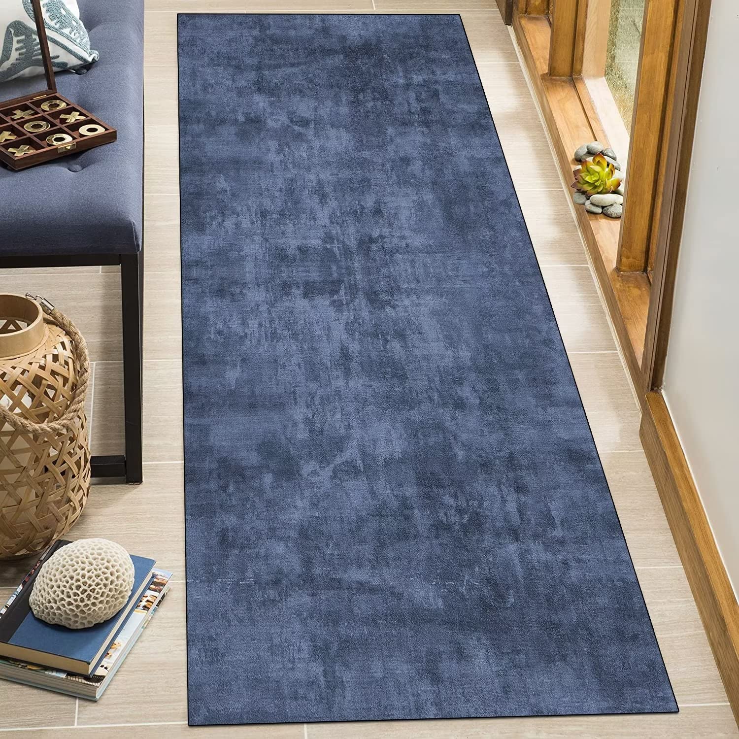 Läufer Teppich Lang Flur rutschfest Waschbar 70X120CM Küche Korridor TeppichLäufer für Flur Graublau Schlafzimmer Wohnzimmer Polyester Teppichmatte Dauerhaft, Anpassbar Küchenteppich Meterware