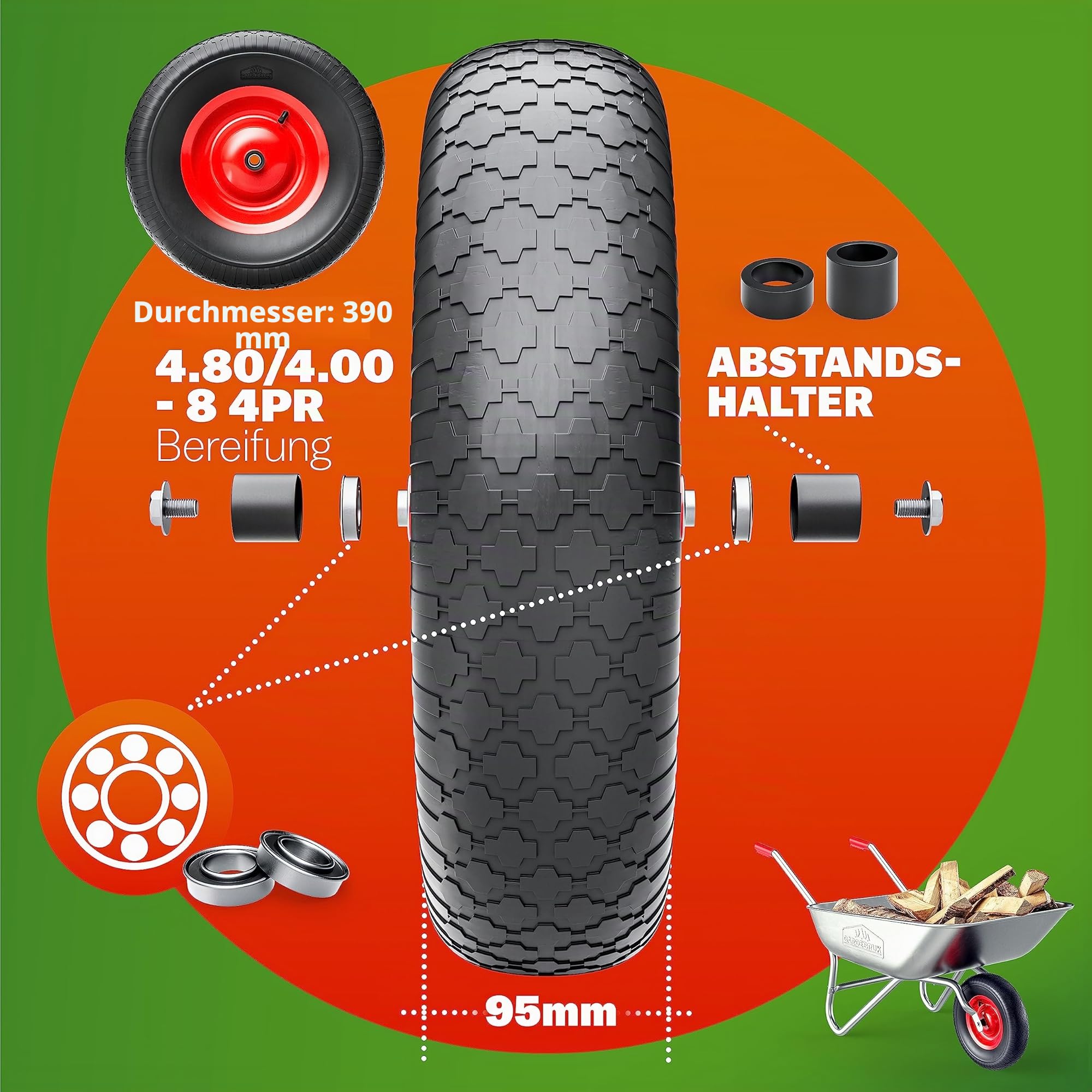 GARDEBRUK® Schubkarrenrad Luftbereifung 4.80/4.00-8 Ø 390mm 200kg Achse Felge Kugellager Schubkarrenräder Schubkarrenreifen Rad Reifen Schubkarre