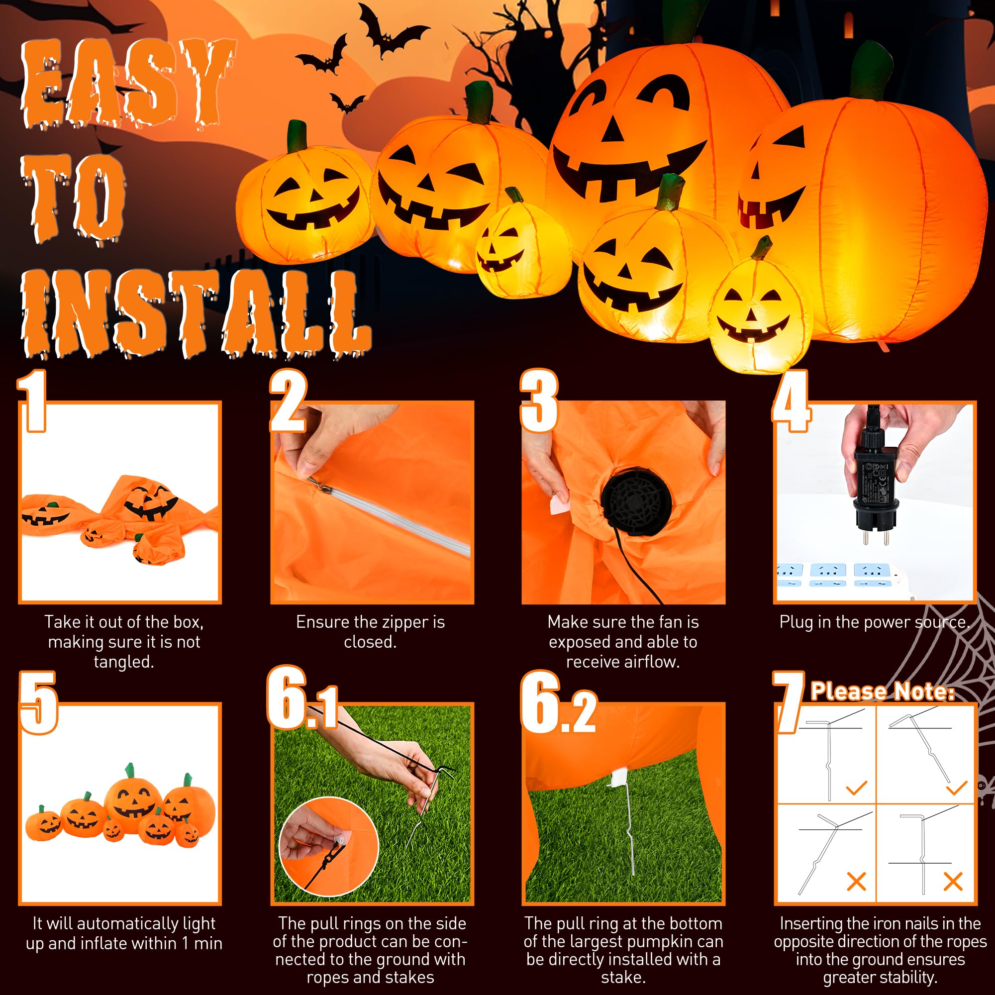Solpex Halloween Deko, Halloween Inflatable Pumpkin Decoration, 240cm/8FT, 7 Pumpkin Set with 21 LED Lighting for Party, Garden, Lawn, Yard Decoration (Orange & White)