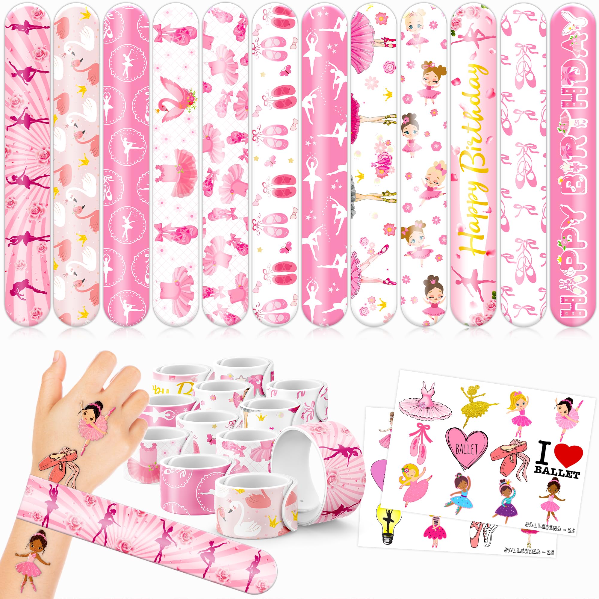 48PCS Ballerina Party Favors - 24PCS Tattoos & 24PCS Slap Bracelets - Birthday Party Supplies, Gifts, Classroom Prizes, Carnival Rewards, Christmas Decorations for Girls & Boys