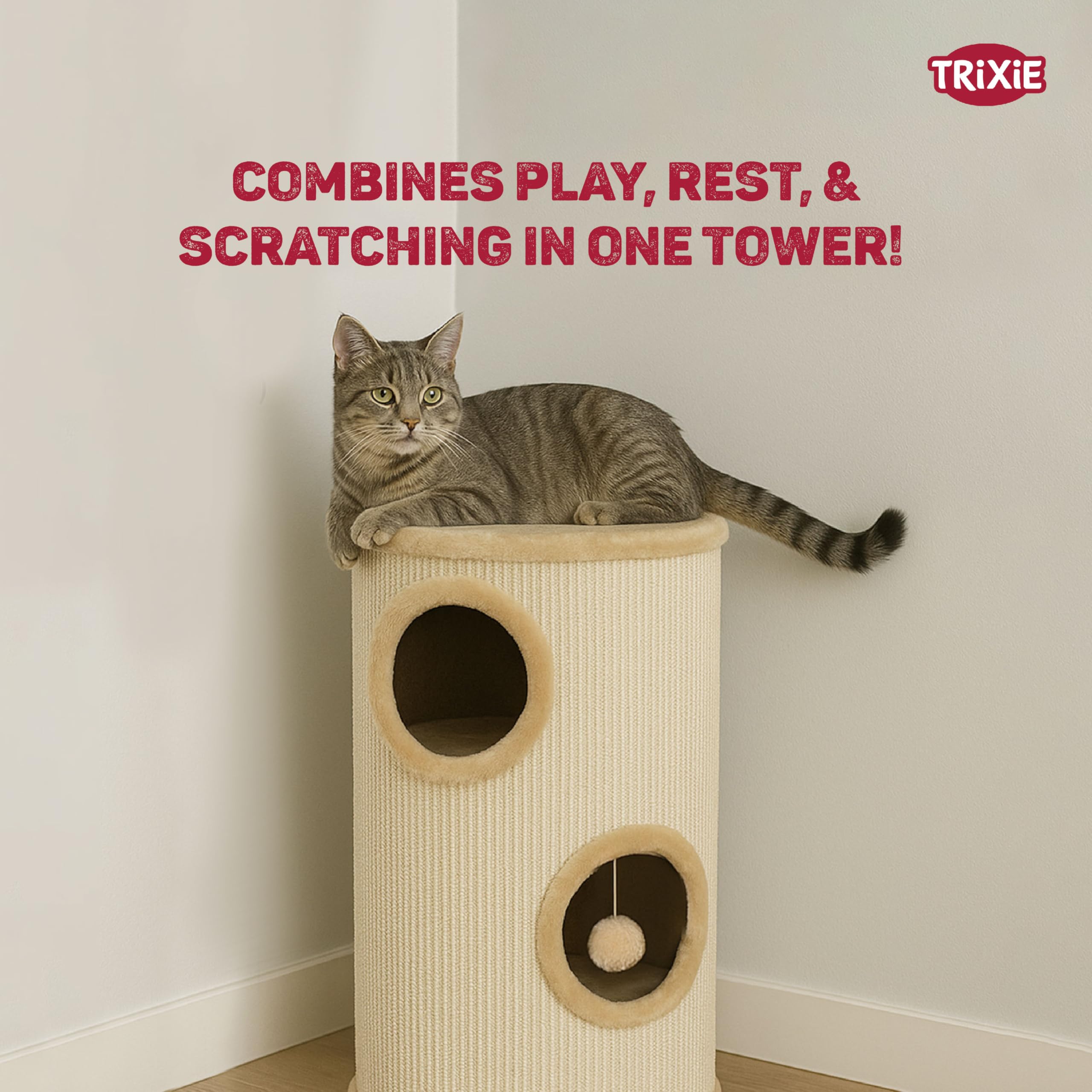 TRIXIE Kratztonne für Katzen Samuel 70 cm in natur/beige – dreistöckige Katzentonne mit gepolsterter Liegefläche und Spielball, gemütlich & stabil – 4330