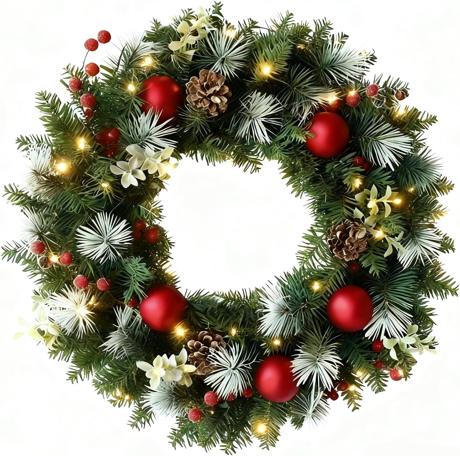 22 inch christmas wreath with lights christmas wreaths for front door winter wreath with norfolk pines red berries pine cone ball ornaments for christmas indoor outdoor decorations no diy