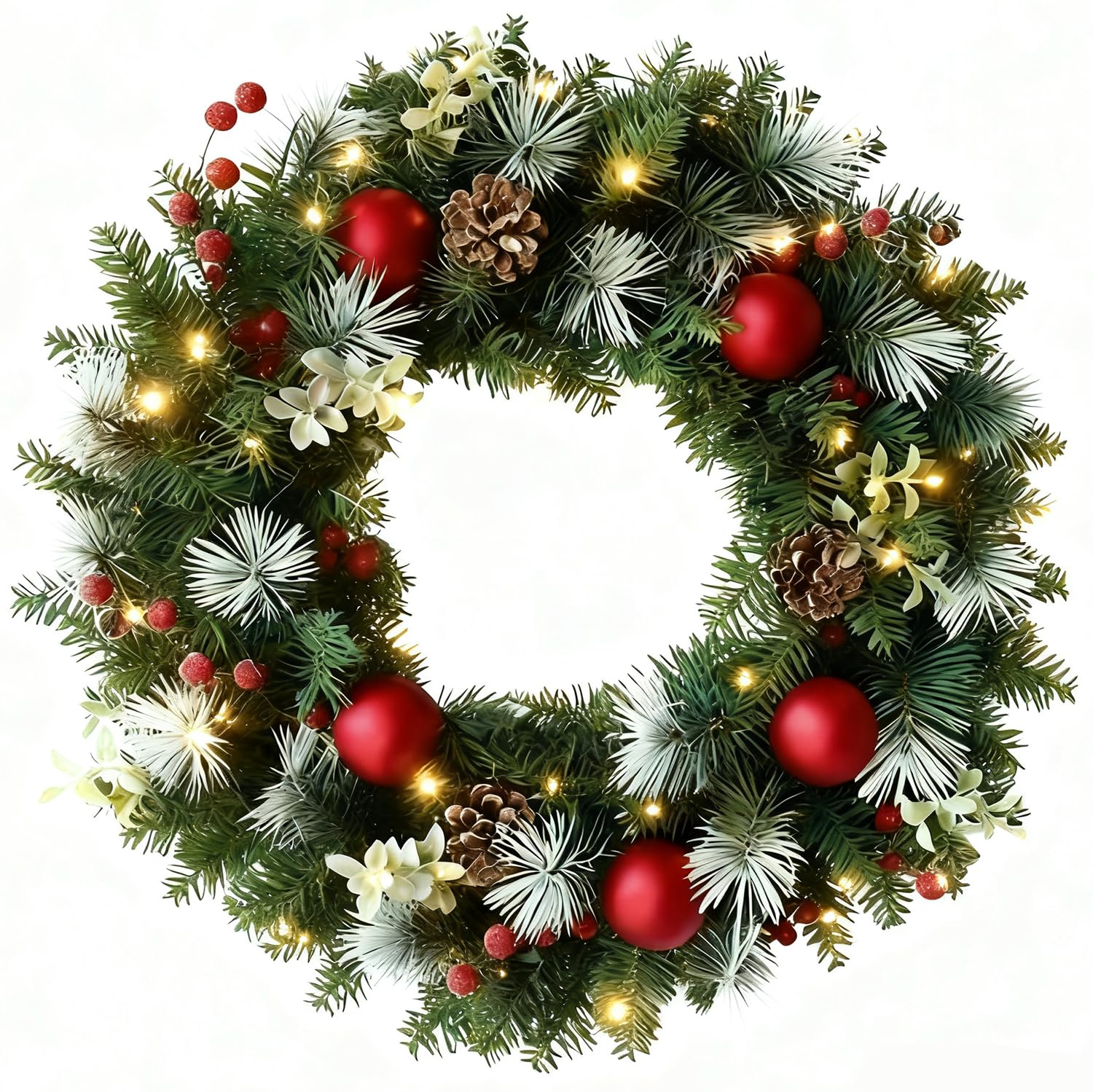 22 Inch Christmas Wreath with Lights Christmas Wreaths for Front Door Winter Wreath with Norfolk Pines Red Berries Pine Cone Ball Ornaments for