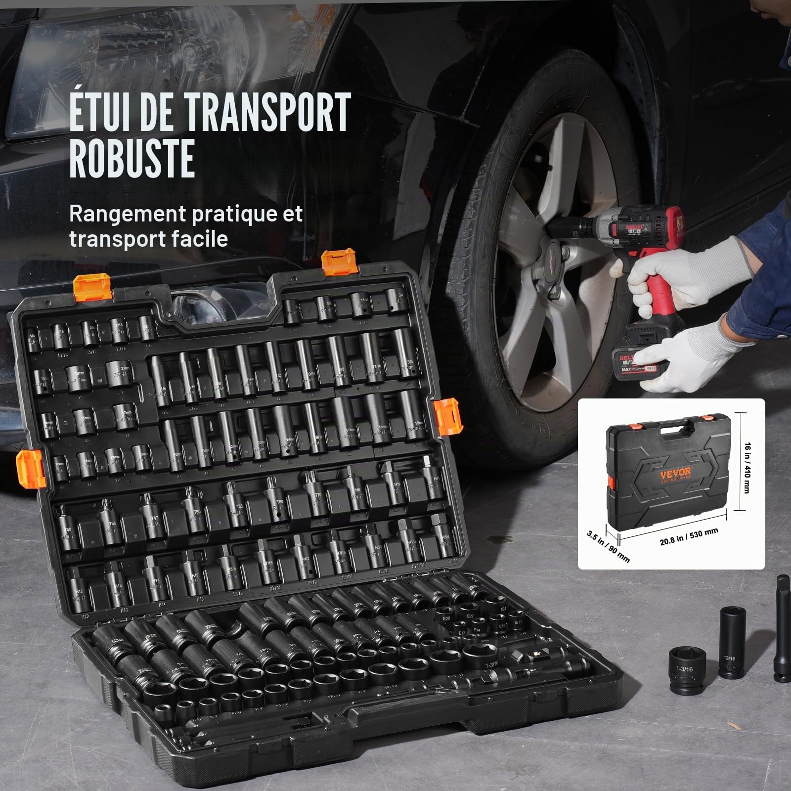 VEVOR Coffret Douilles à Chocs 3/8" et 1/2", SAE et Métrique, Kit pour Clé à Cliquet 130PCs, en Acier Allié Cr-Mo, 6 Pans, Marquages de Taille Faciles à Lire, pour la Réparation Automobile, Atelier