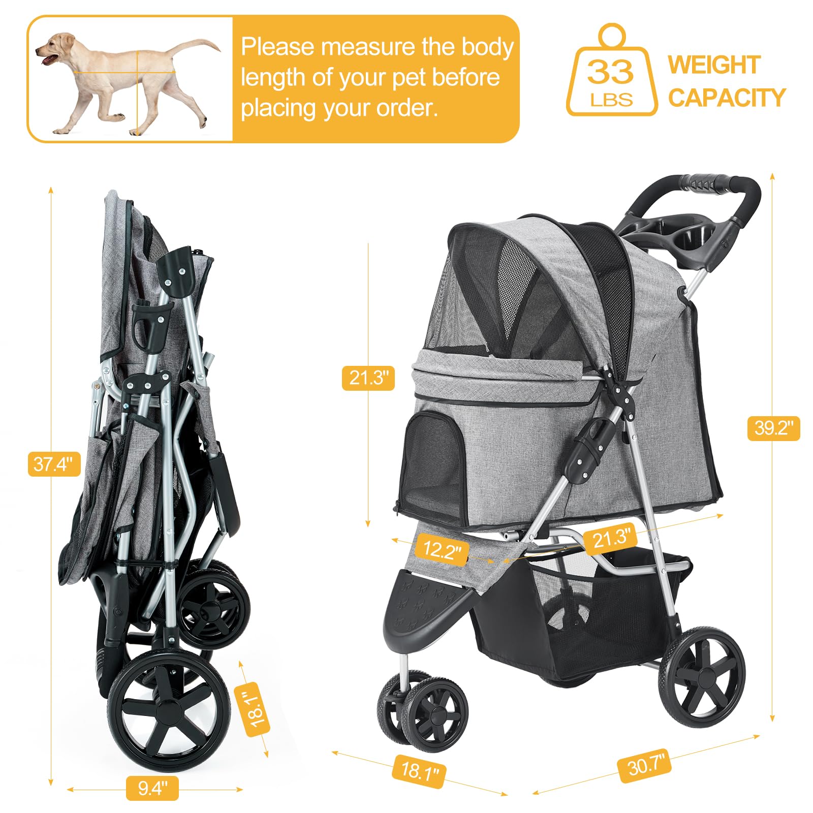 Passeggino per Cani con Freni a Mano Singola e Copertura Antipioggia [Capacità 15KG] - Carrello Pieghevole per Animali Domestici, Carrozzina con Ruote Sicure (Ideale per Viaggi), grigio