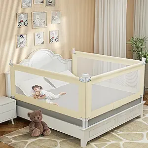 Bed Guard Rail for Toddlers - 74.8" Quick Assembly & Double Side Lift with Safety Child Lock - Adjustable Height Baby Bed Rails for Queen Full King Twin Crib Bunk Size Bed(Beige, 1 Pack)