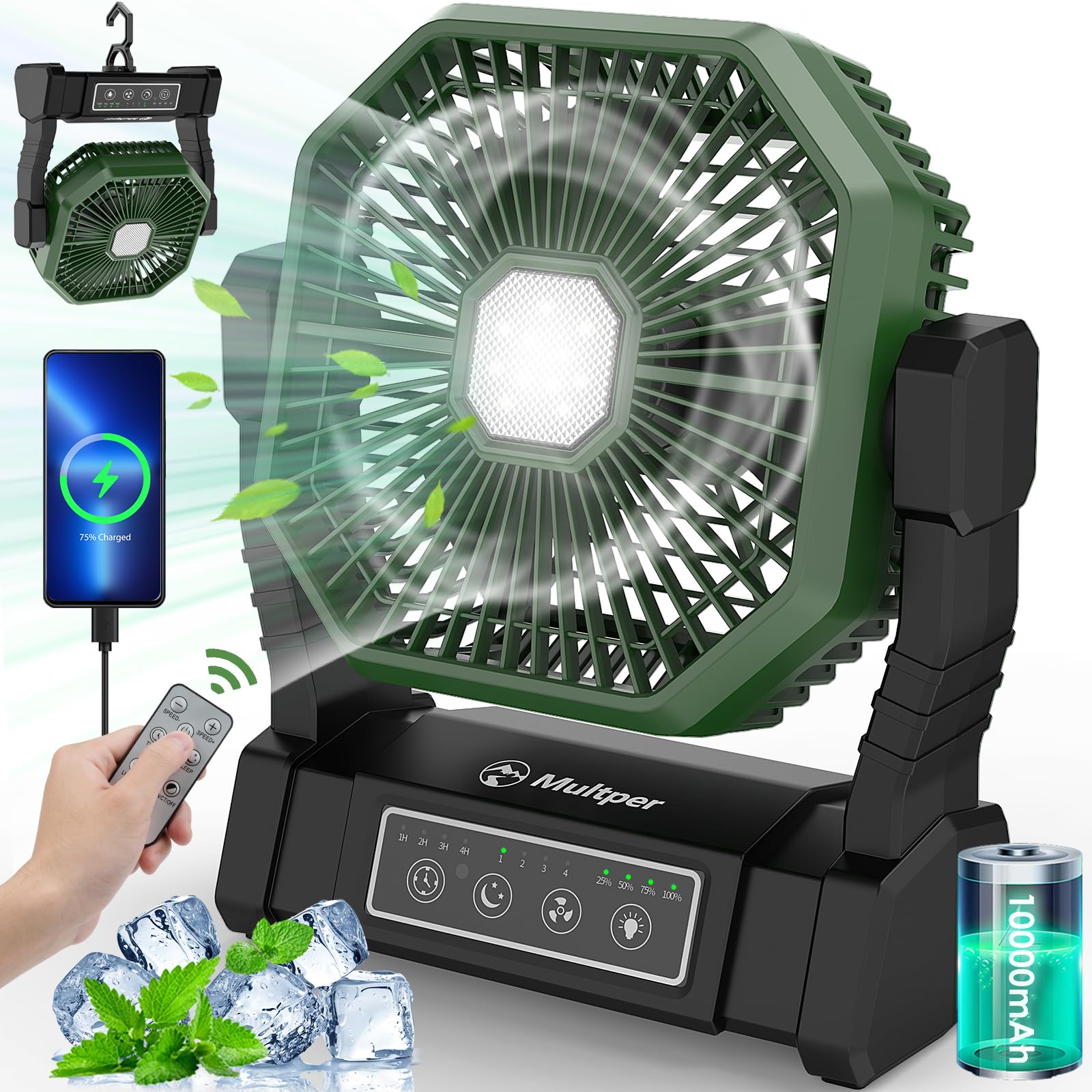 Multper Camping Ventilador con Luz LED, Recargable para Tienda de Campaña al Aire Libre con Gancho y Remoto, Ventilador de Escritorio USB Potente de 4 Velocidades para Pesca, Corte de energía, Picnic