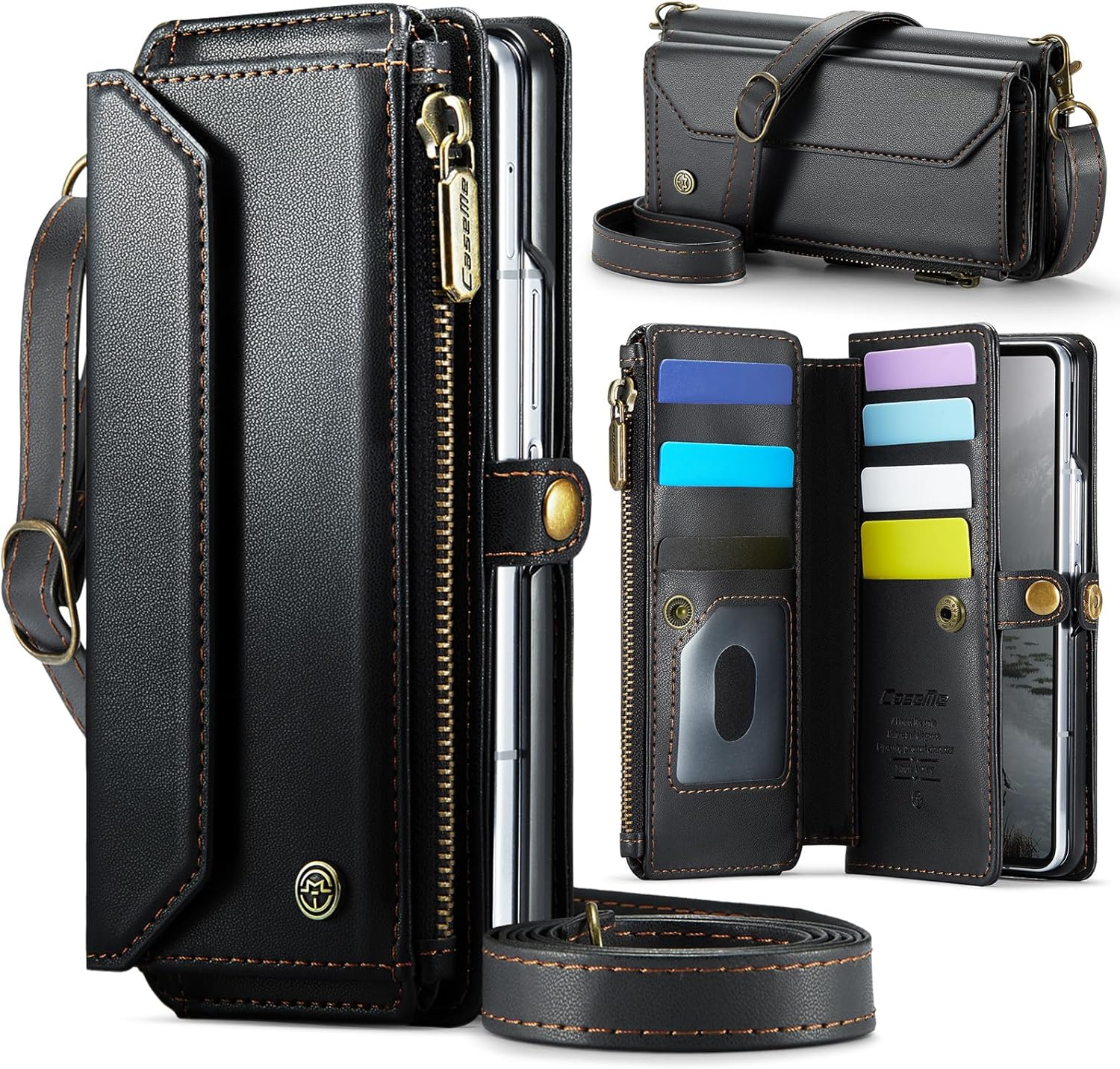 for Samsung Galaxy Z Fold 7 Wallet Case Durable Leather Cover with Card Holder Flip Flap Wrist Strap Zipper Closure & RFID Blocking Case for Galaxy Z Fold 7 Black