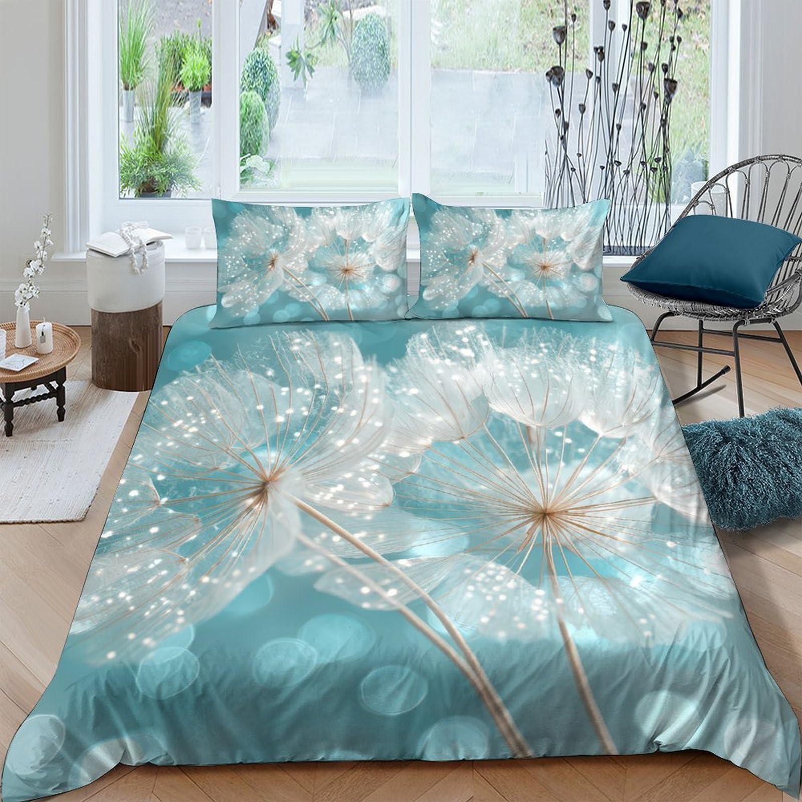 Ctjqhvkz Style-4 3D Printed Aqua Dandelion Fitted Sheet Microfiber Soft Mattress Cover Bedroom Decor Dustproof Washable For Adults Teens Single（135X200cm）