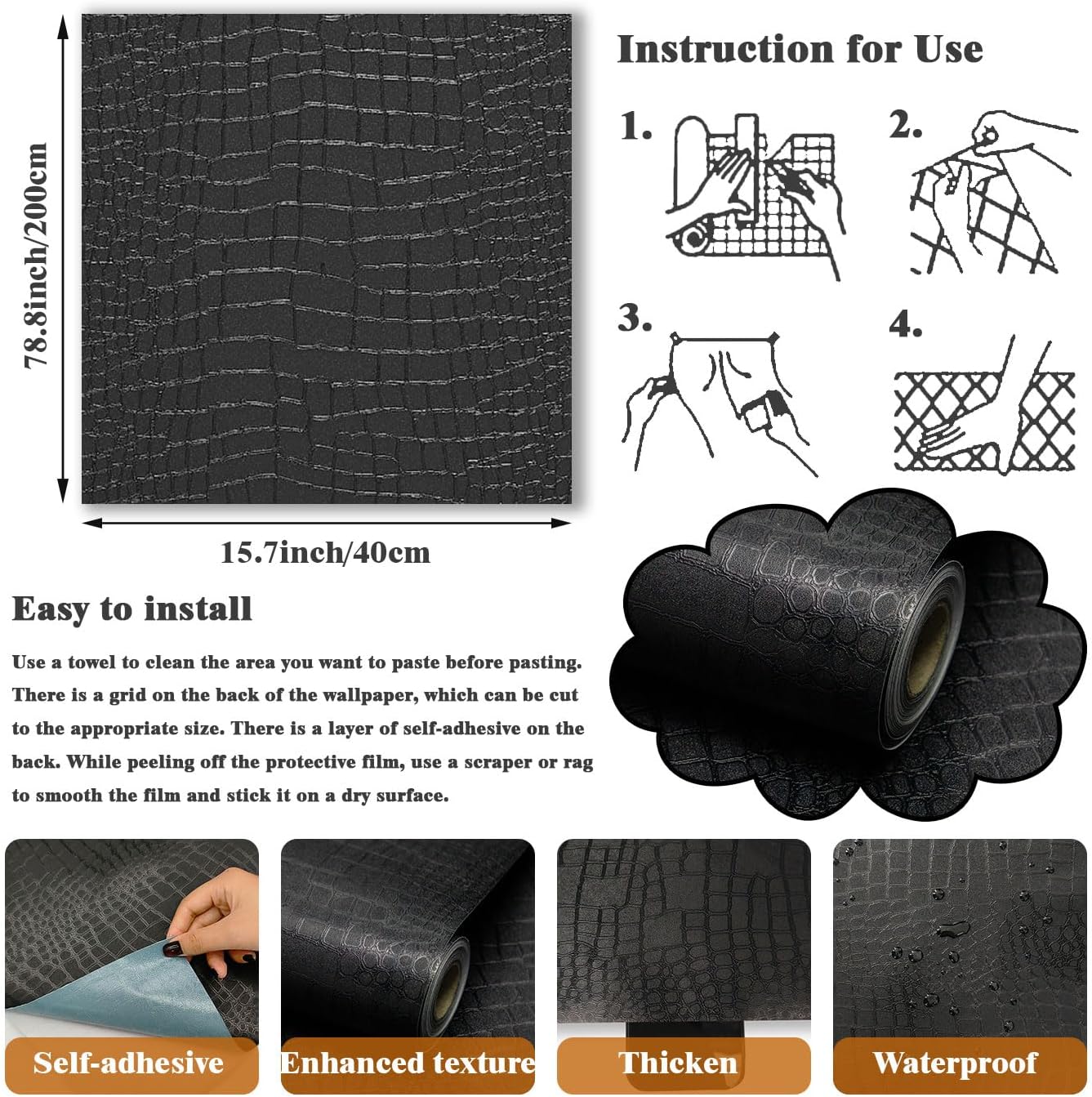 Black Wallpaper Peel and Stick Wallpaper Self Adhesive Removable Wall Paper Vintage 15.7"x78.8" Textured Wallpapers Dark Black Contact Paper for Bedroom Cabinets and Drawers Vinyl Roll