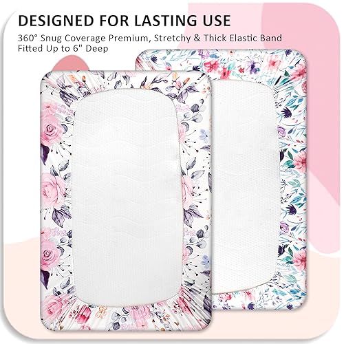 Miniatura 3 de Pea Pod Pack N Play - Sábanas para bebé niña, paquete de 2 sábanas neutras florales para cuna, sábana bajera ajustable y portátil, tejido de jersey