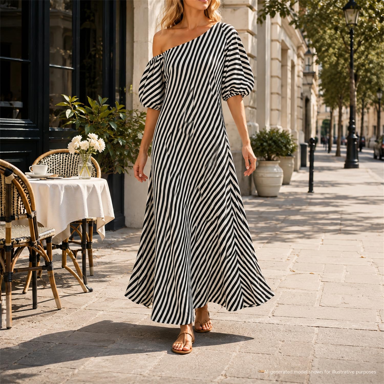 Maxi abito estivo da donna a righe con spalle scoperte, con maniche a
