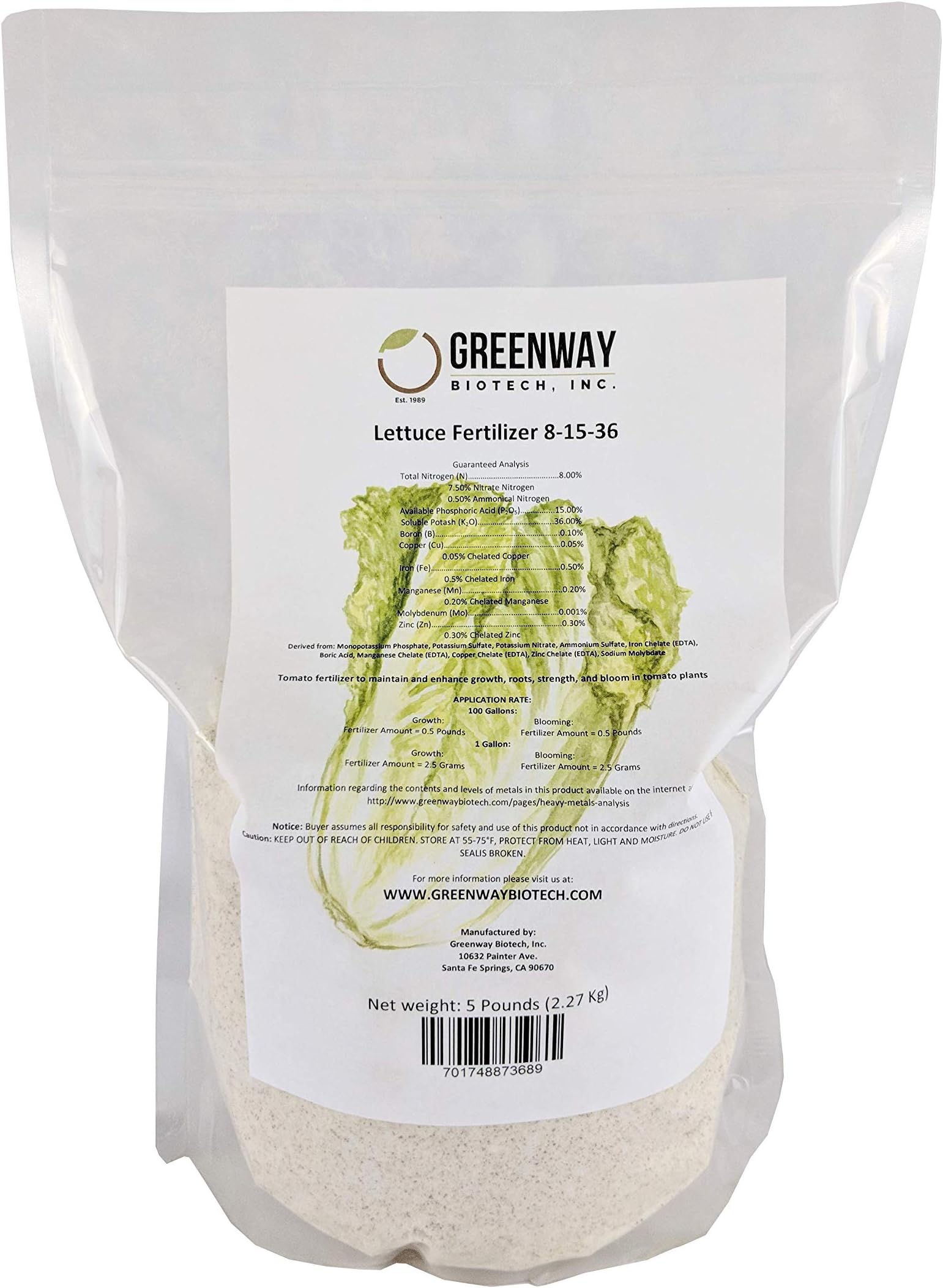 Greenway Biotech, Inc. Lettuce Fertilizer Powder 8-15-36 Plus Trace Minerals and 100% Water Soluble Includes Essential Chelated Micronutrients for Healthy Plants (5 Pounds)