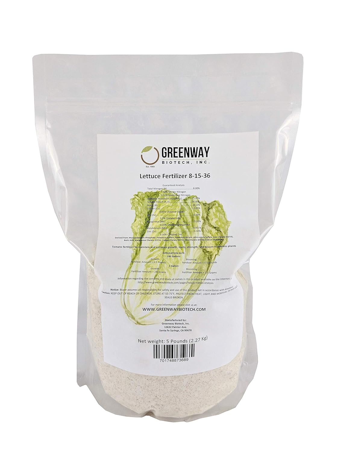Greenway Biotech, Inc. Lettuce Fertilizer 8-15-36 Powder - Water Soluble with Chelated Micronutrients for Lettuce Kale Spinach Microgreens - Helps Prevent Tip Burn - Hydroponics or Soil - 1 LB