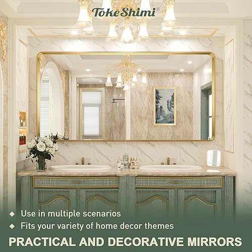 Miniatura 8 de TokeShimi Espejo de tocador de baño dorado de 72 x 36 pulgadas para pared, espejo rectangular con aleación de aluminio no oxidante, marco de metal