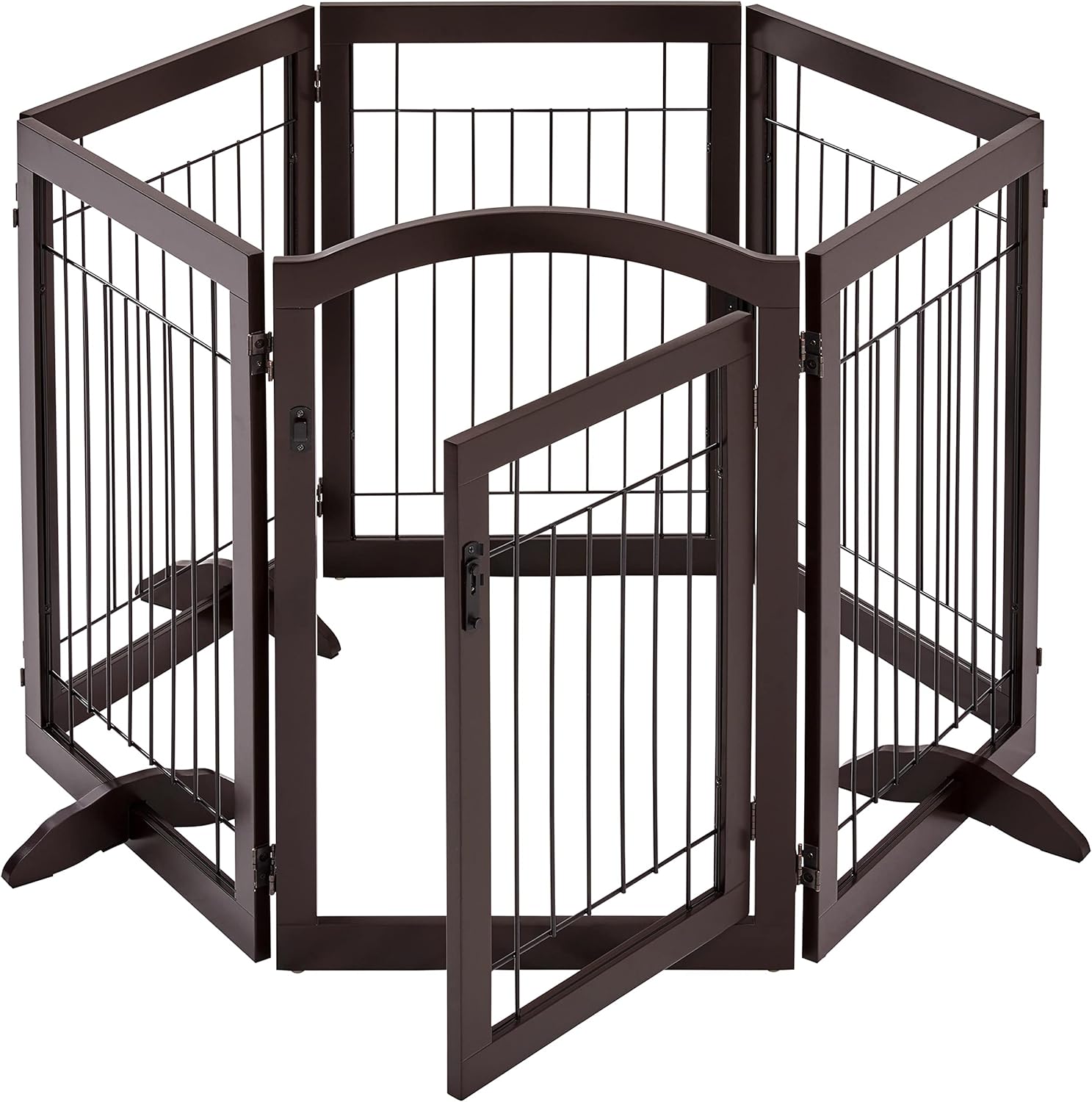 Topeakmart Extra Wide Pet Gate 6 Panels Freestanding Dog Gate for Doorway Stairs Dog Fence with 3 Support Feet, Espresso