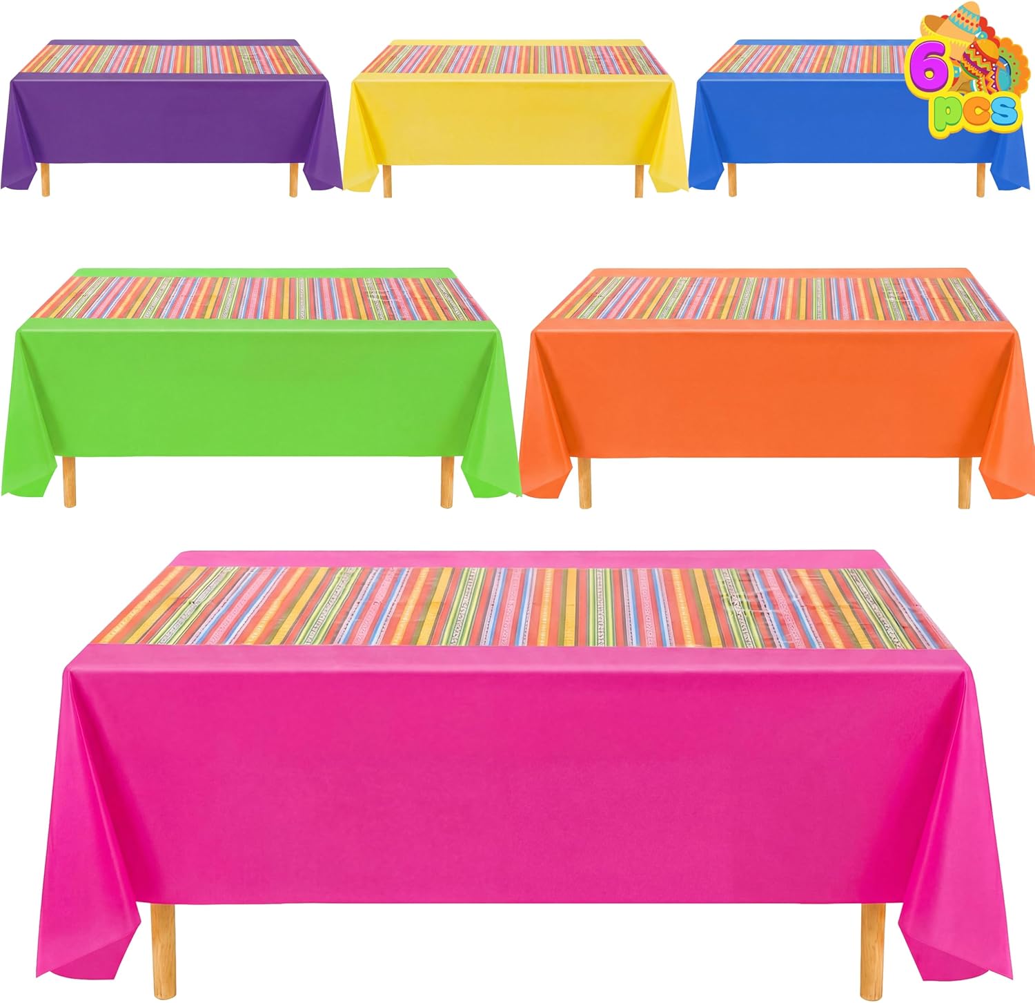 JOYIN 6 pcs Mexican Fiesta Tablecloth 54 x 108'' Party Plastic Tablecloth Striped Table Cover for Cinco De Mayo Decorations, Taco Night, Birthday Decor, and Mexican Themed Party