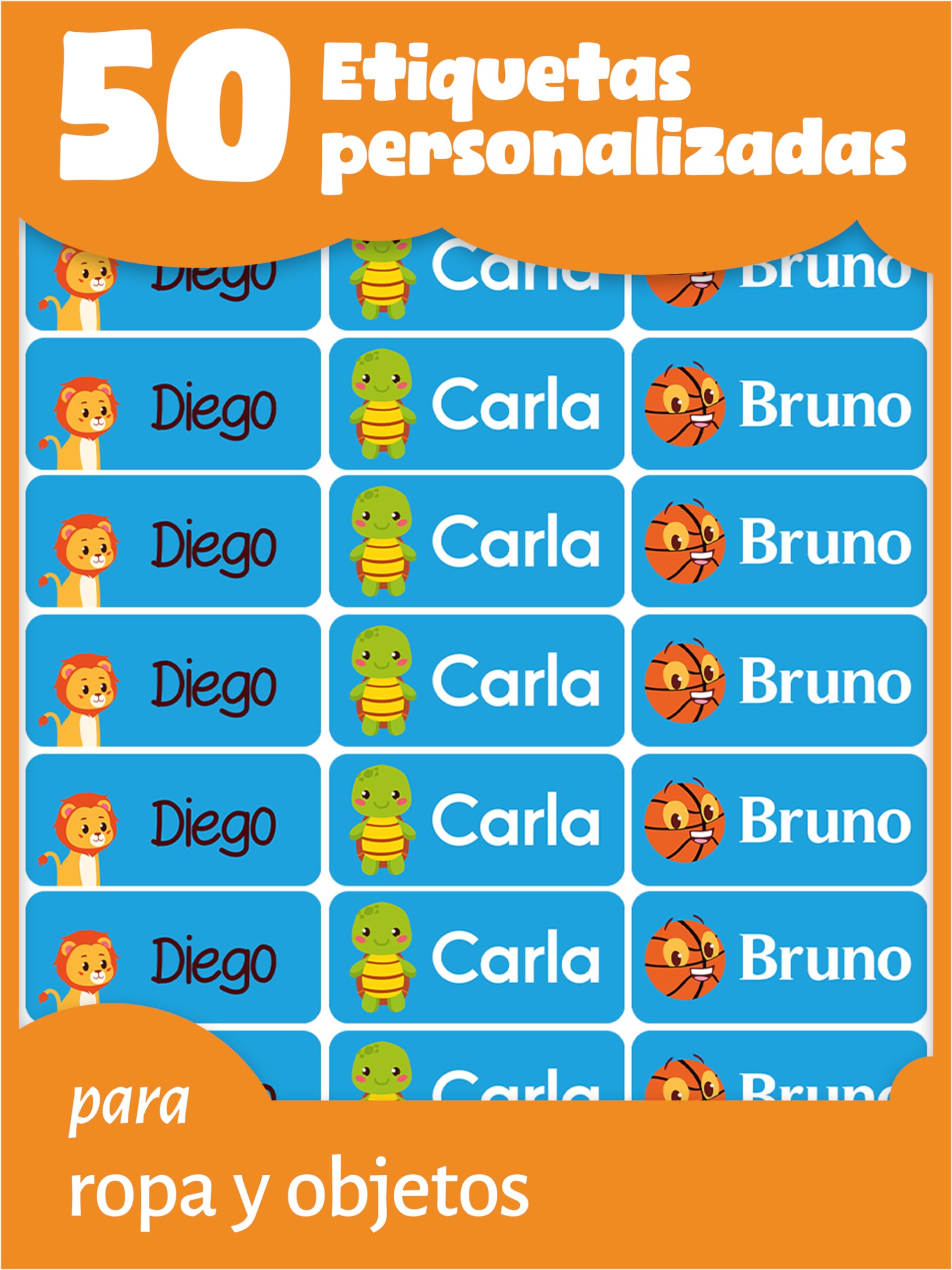 LabelTiger® Pegatinas Personalizadas Nombre para Marcar Ropa y Objetos - 50 piezas, Etiquetas Adhesivas Impermeables para Niños en la Escuela o la Guardería - Azul