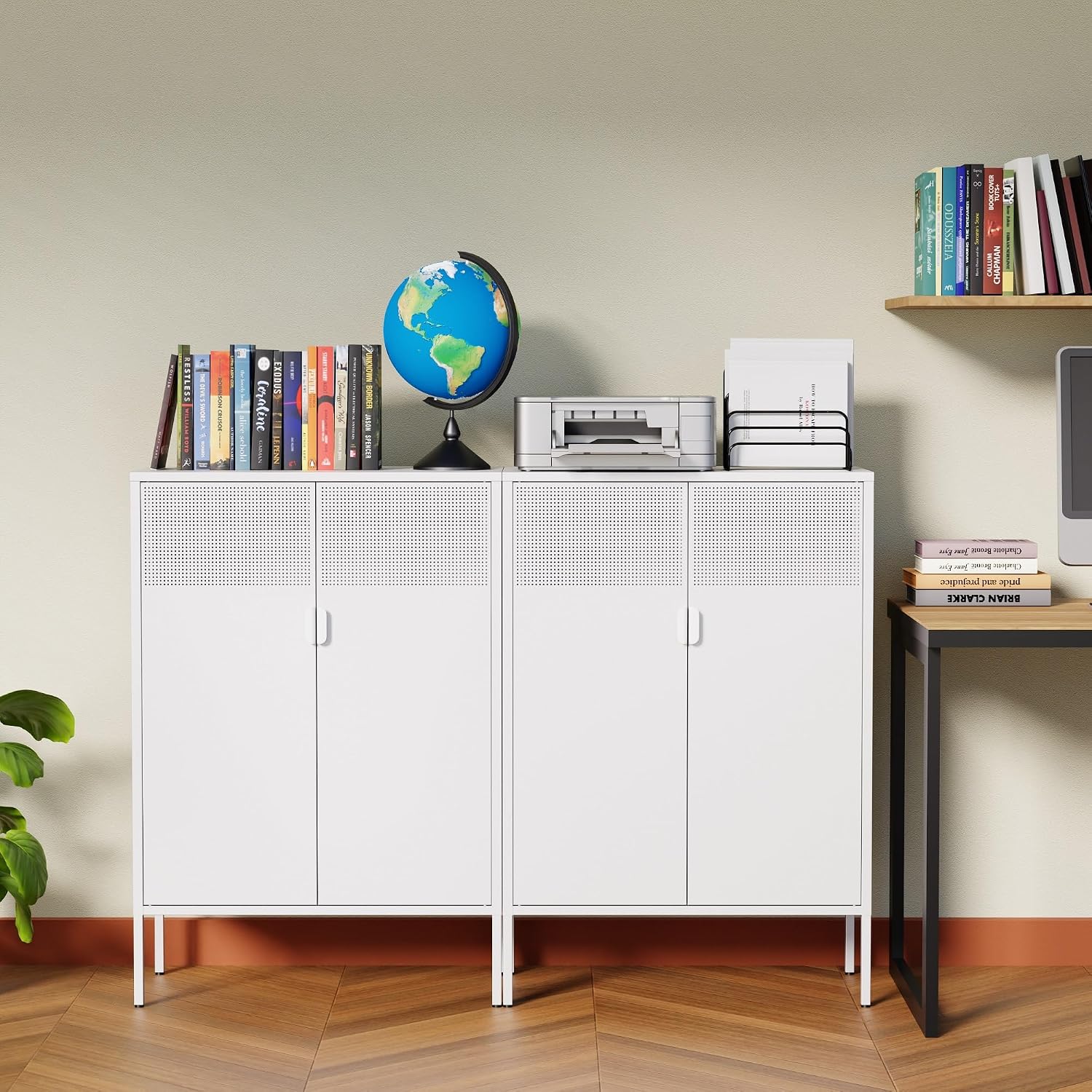 Ustamio 2 Door Accent White Metal Storage Cabinet with Adjustable Shelves and Air Vent Doors, 3 Tier Metal Sideboard Cabinet for Home, Office, Entryway, Hallway, Assembly Required, (LC-WGG-W)