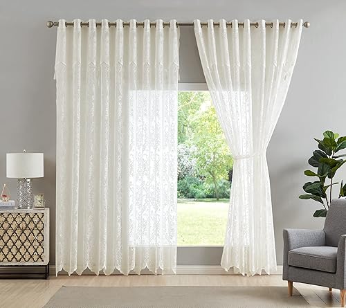 Warm Home Designs Par de separadores de habitación de cortina de 108 x 100 pulgadas, color marfil con cenefas a juego, borlas y 2 alzapaños. Paneles
