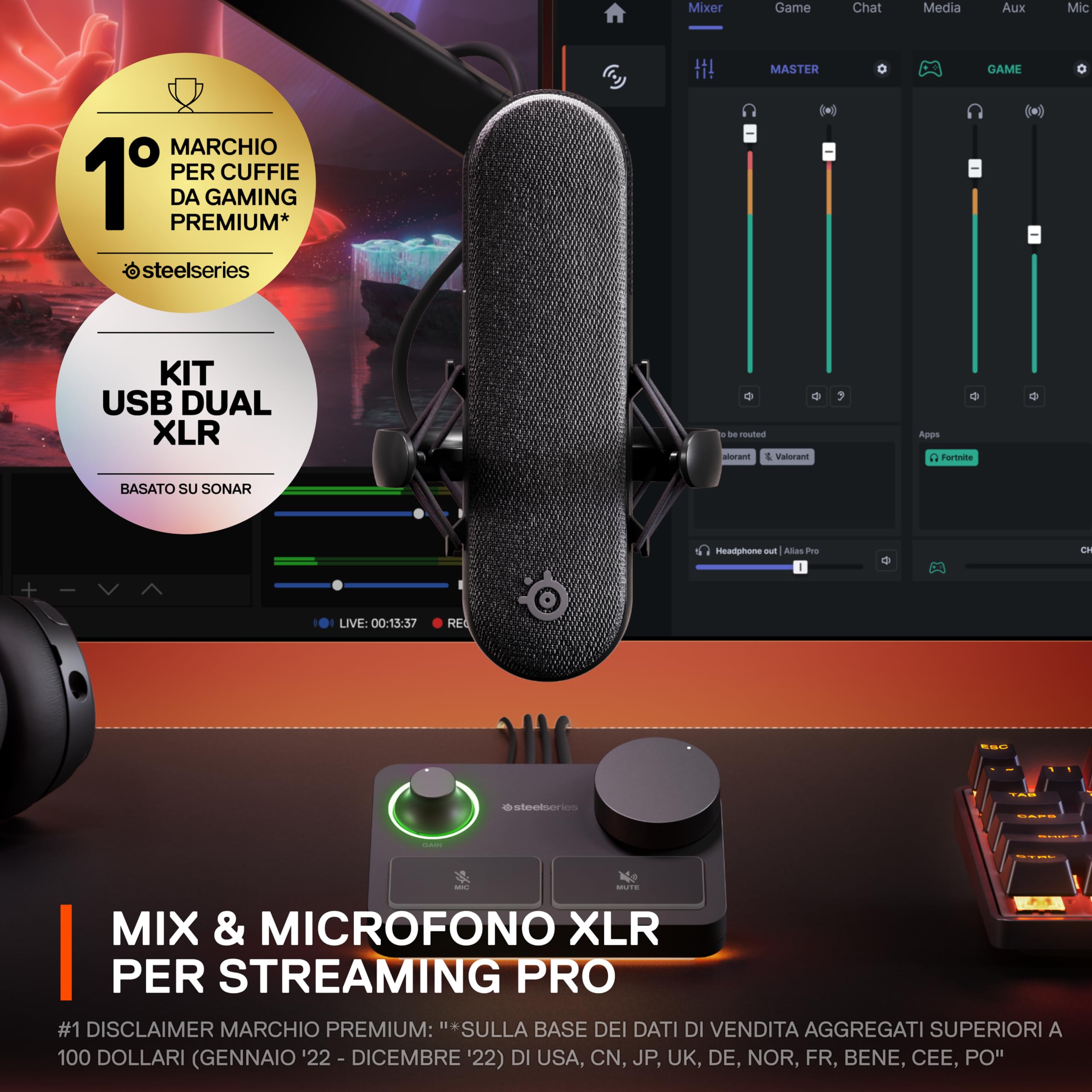 SteelSeries Alias Pro Kit - Microfono XLR + Stream Mixer - Capsula 3x più grande per il gioco, lo streaming e il podcasting - Interfaccia USB/XLR - Controlli personalizzati - RGB - PC singolo o doppio