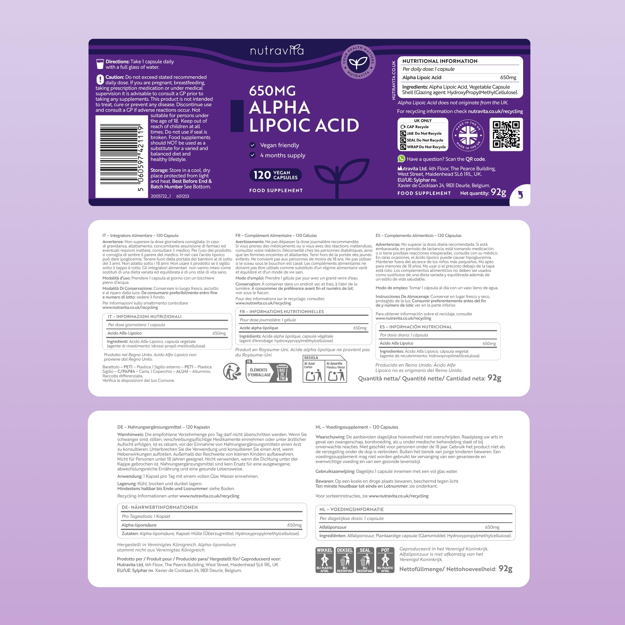 Acide Alpha-Lipoïque 650 mg − 120 Gélules Entièrement Végétales très Puissantes − 100% Naturelles, sans Agent de Remplissage Synthétiques − Provision de 4 Mois − Fabriqué au Royaume-Uni par Nutravita