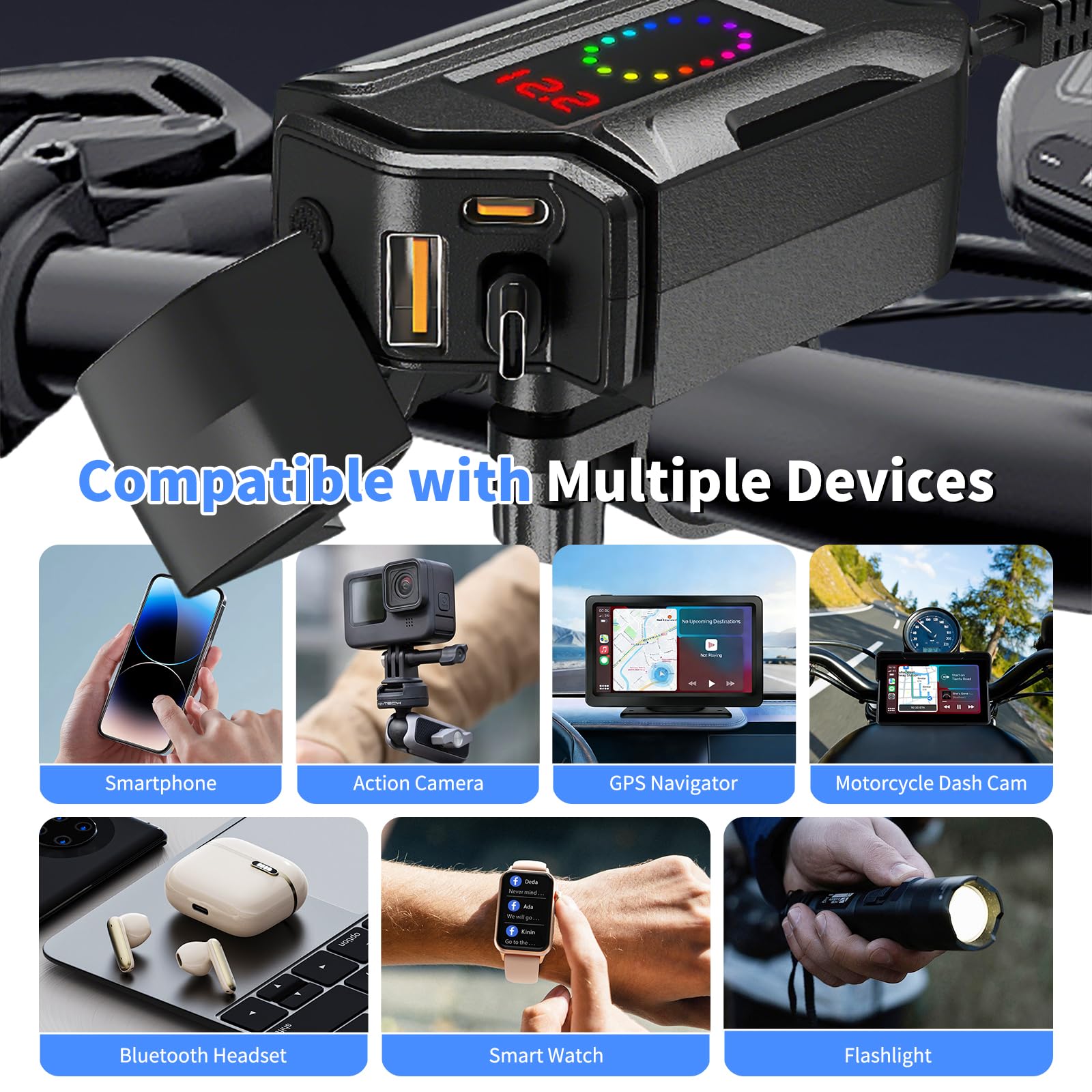 Prise USB Moto Etanche avec Un câble de Charge Rapide rétractable de Type C de 70 CM de Long, 3 en 1 Prise USB C pour Moto avec Interrupteur et voltmètre LED pour SUV Marin Bateaux (Black)