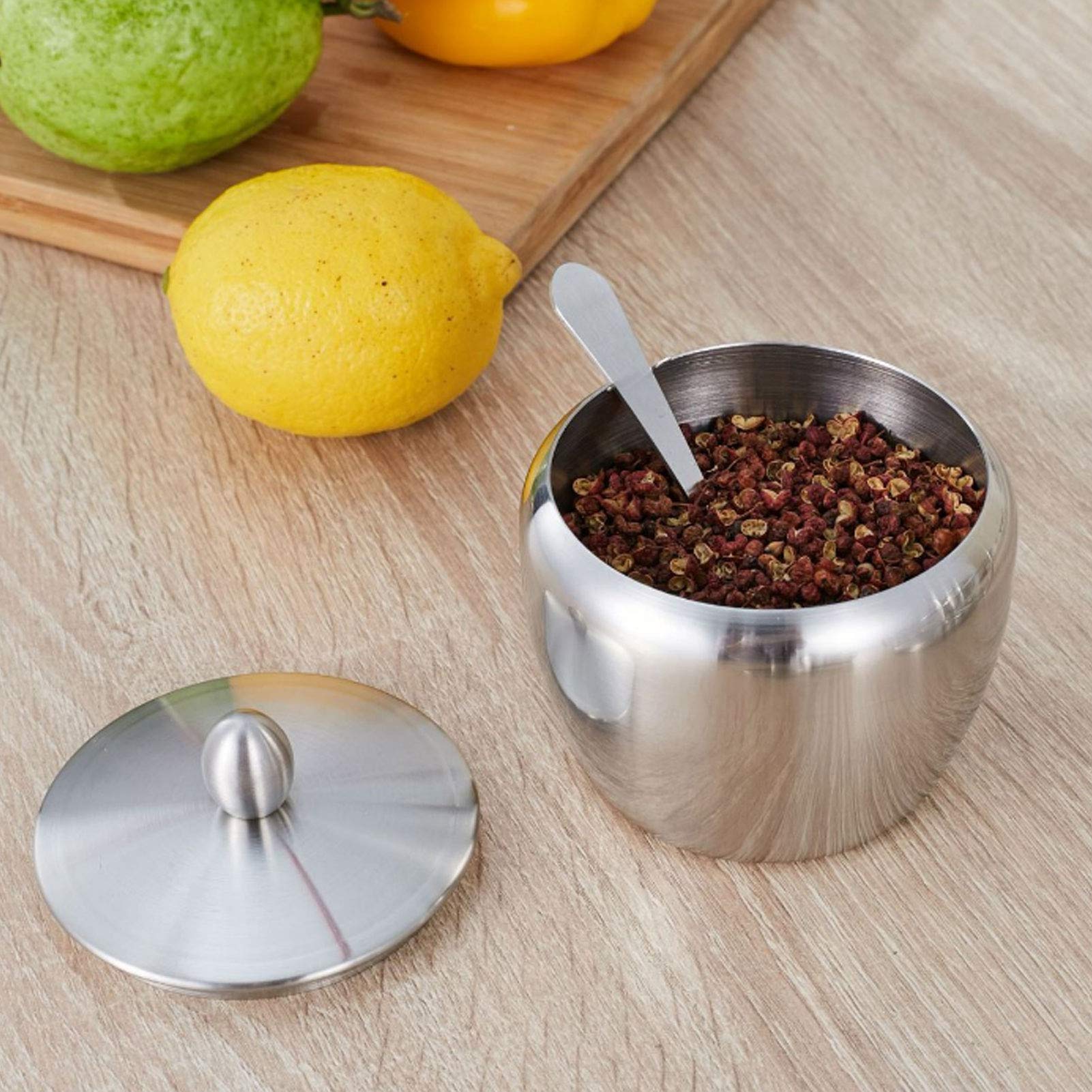 Juego de ollas para condimentos, Tarro de Especias de Acero Inoxidable con Cuchara giratoria para Cubierta de Estante de Almacenamiento, Olla para condimentos fácil de Limpiar para