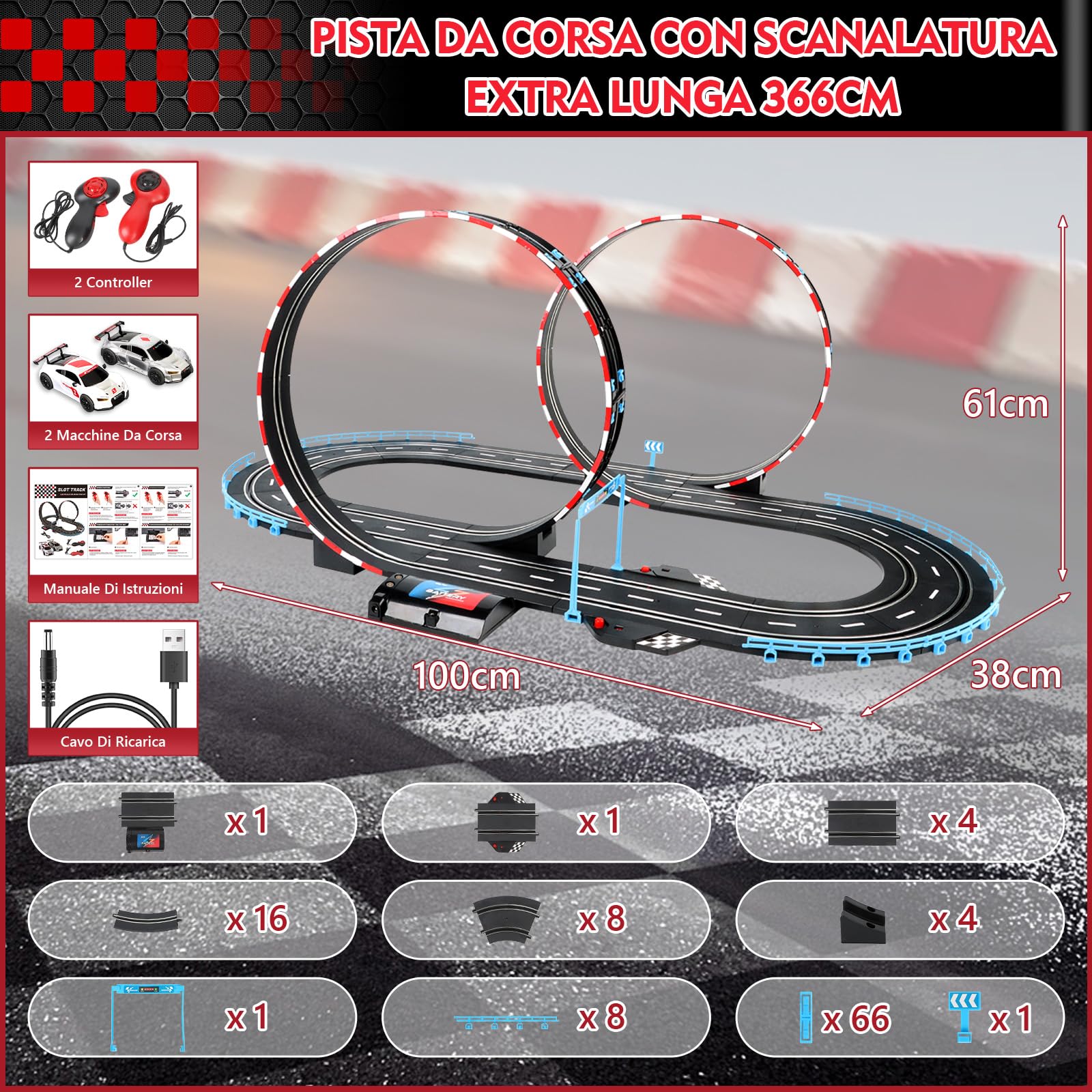 Charmofun Pista Macchinine Telecomandate Auto Elettrica per Bambini, Scala 1:43 Pista da Corsa e 2 Macchinine, Lunghezza 366 cm, Pista Cars per Ragazzi Ragazze 6+