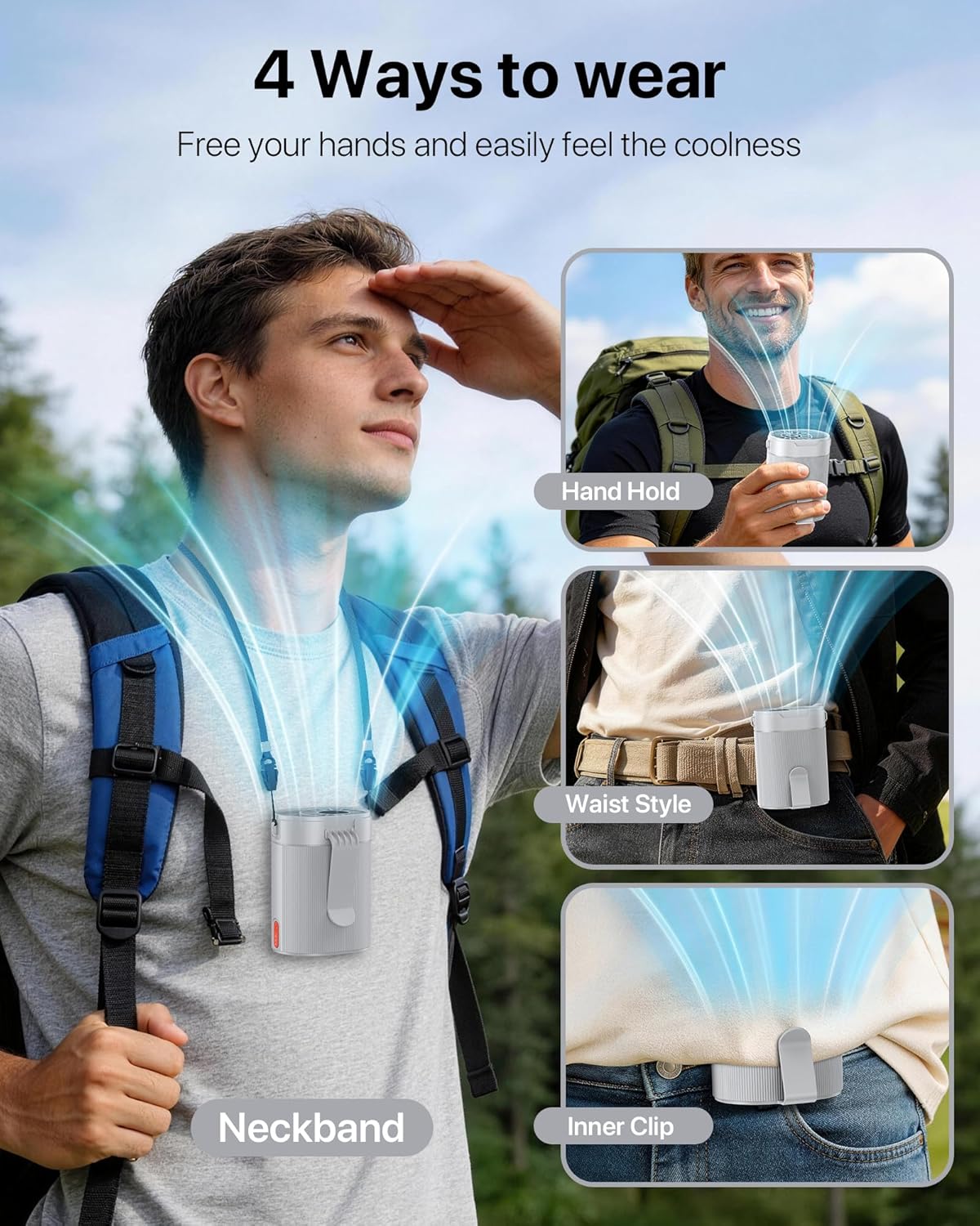 2026 AI Portable Fan Rechargeable-4 Speeds Personal Waist Fan, 6600RPM Strong Airflow Hands-Free Hanging Neck Fan for Camping Outdoor, Grey