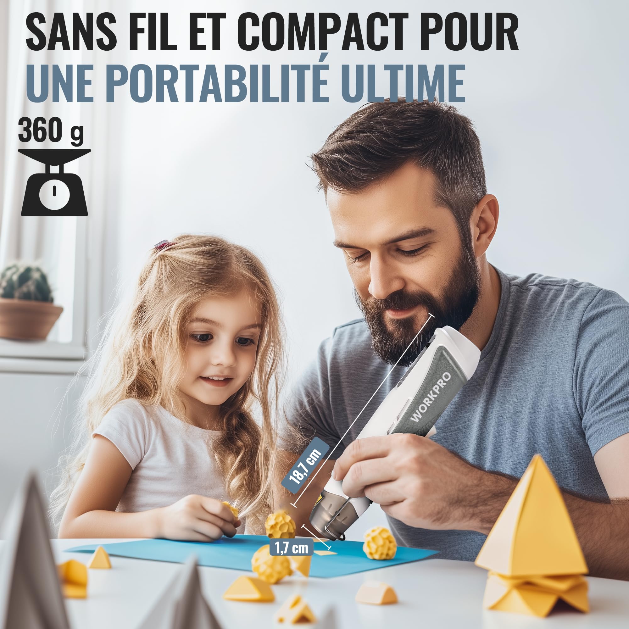 WORKPRO Mini Décapeur Thermique Professionnel 7,2V, Pistolet à Air Chaud Sans Fil, 3 Températures (Froid/150℃/360℃), Chauffage Rapide, 2000 mAh, Avec Buse et Câble de Charge USB-C, pour Bricolage